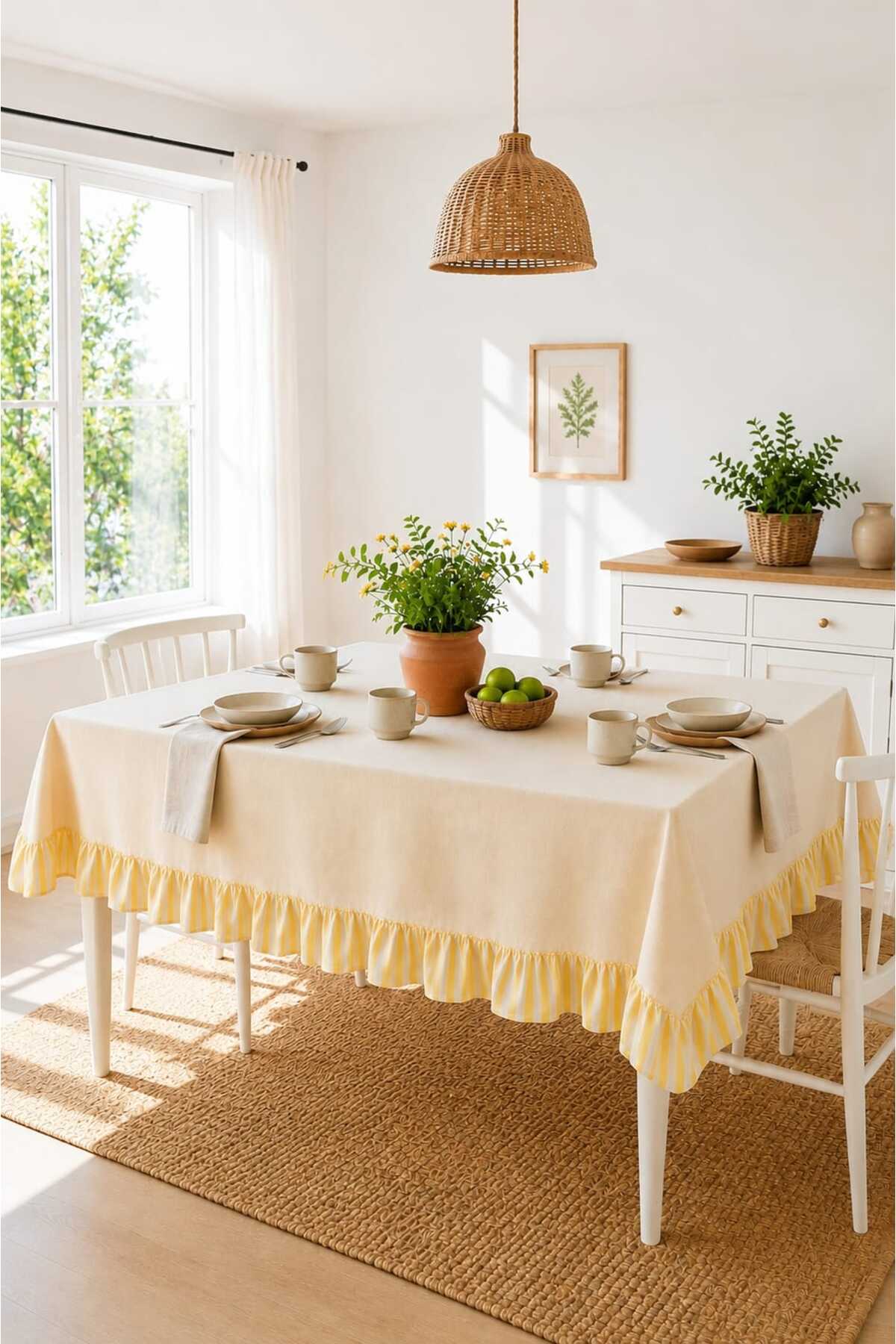 Double Color Ruffled Beige Natural Vintage - Soft Linen Series Kitchen Living Room Tablecloth- Dowry