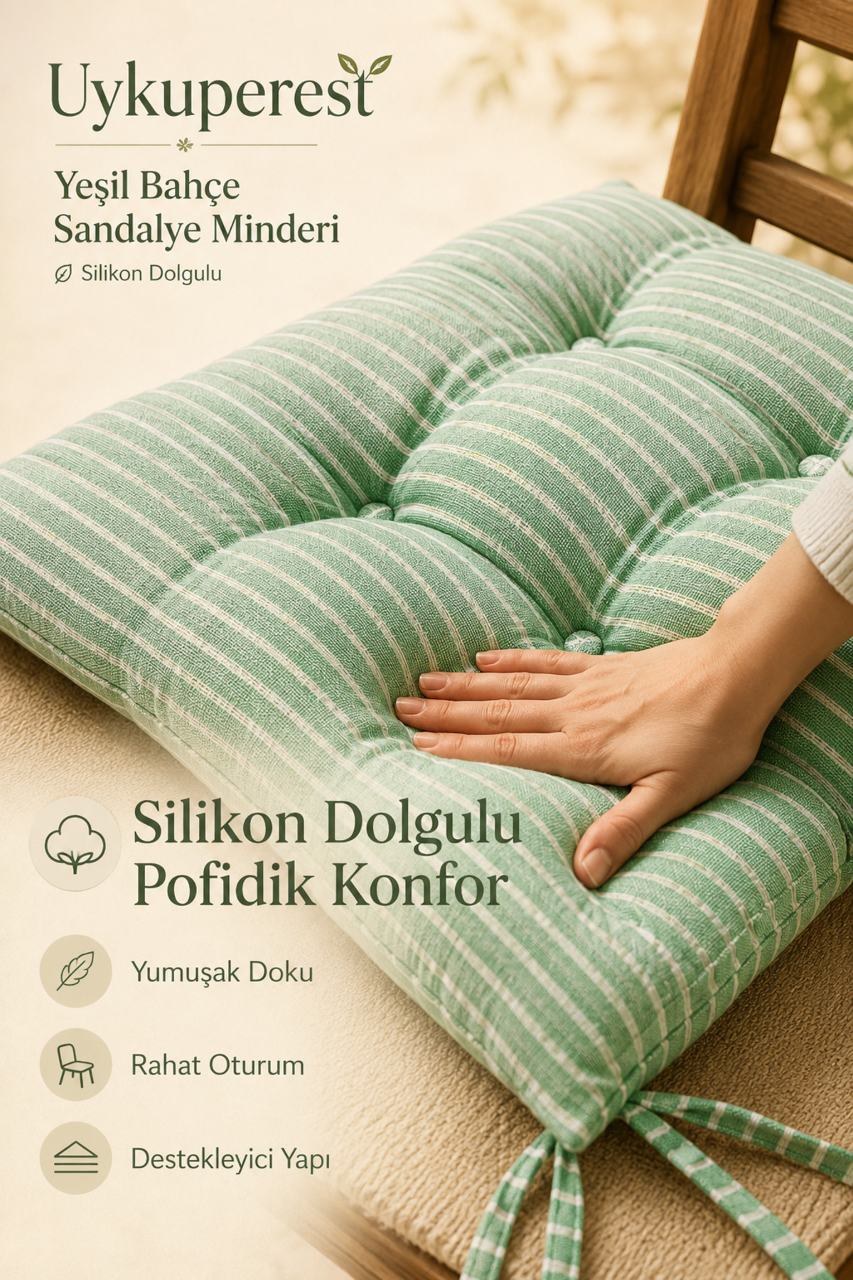 Pastello Pofidik Sandalye Minderi 40x40 Bağcıklı 4 Puntolu Silikon Dolgulu Pamuk Bahçe Balkon Tekli detay