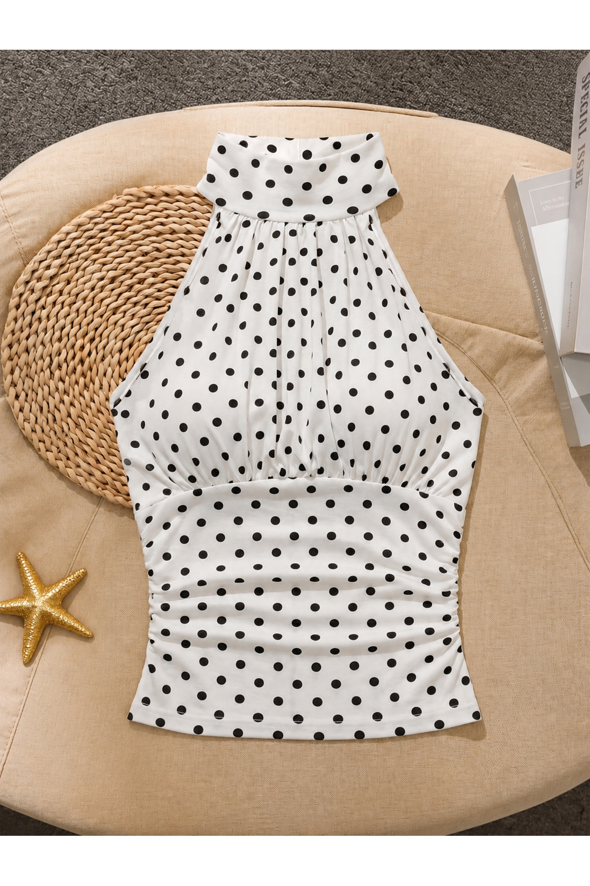 White Polka Dot Halter Collar Shirred Draped Stylish Crop Blouse