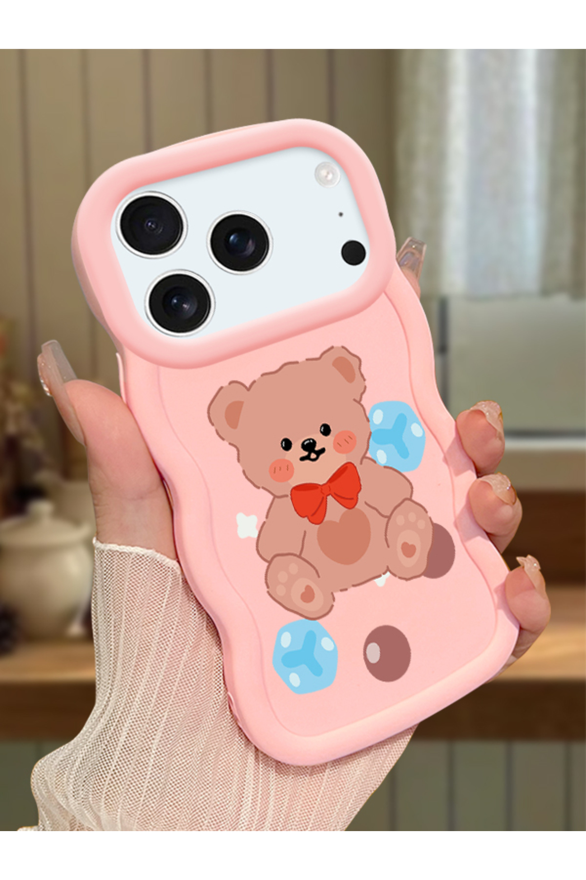 iPhone 17 Pro Max Compatible Case Camera Protector Pink Silicone Couple Phone Case Bear Pattern