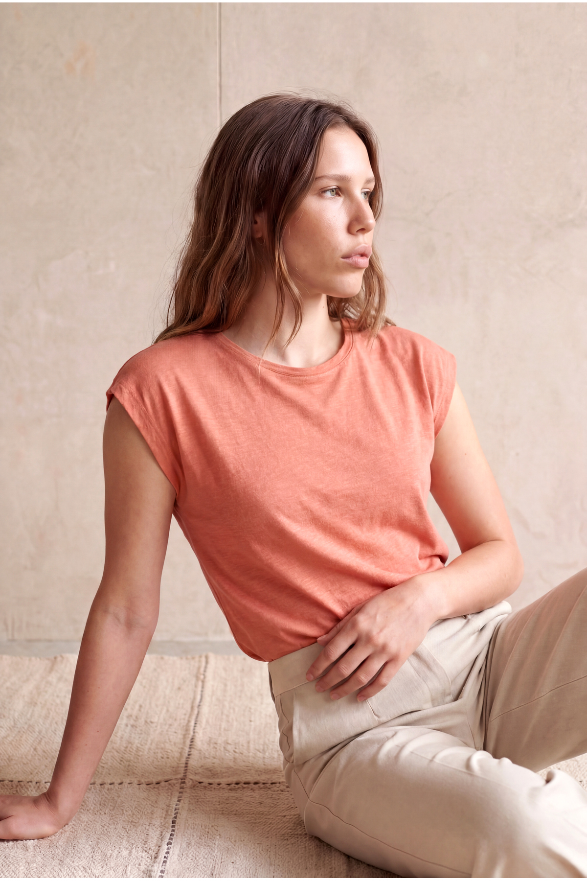 Women's Coral 100% Cotton Flamed Regular Fit Crew Neck Short Sleeve Shoulder Look T-Shirt Winslet
