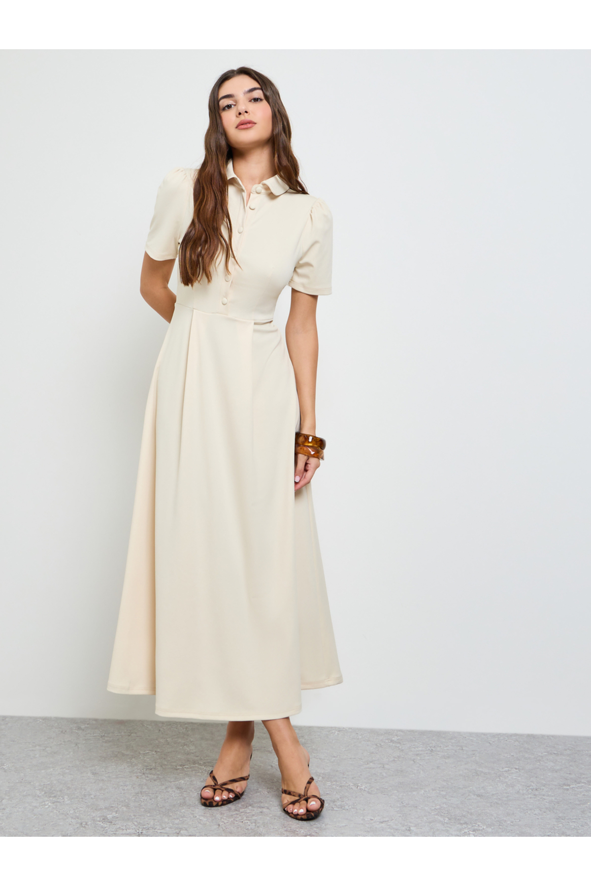 Styli Beige A-Line Maxi Dress with Short Sleeves