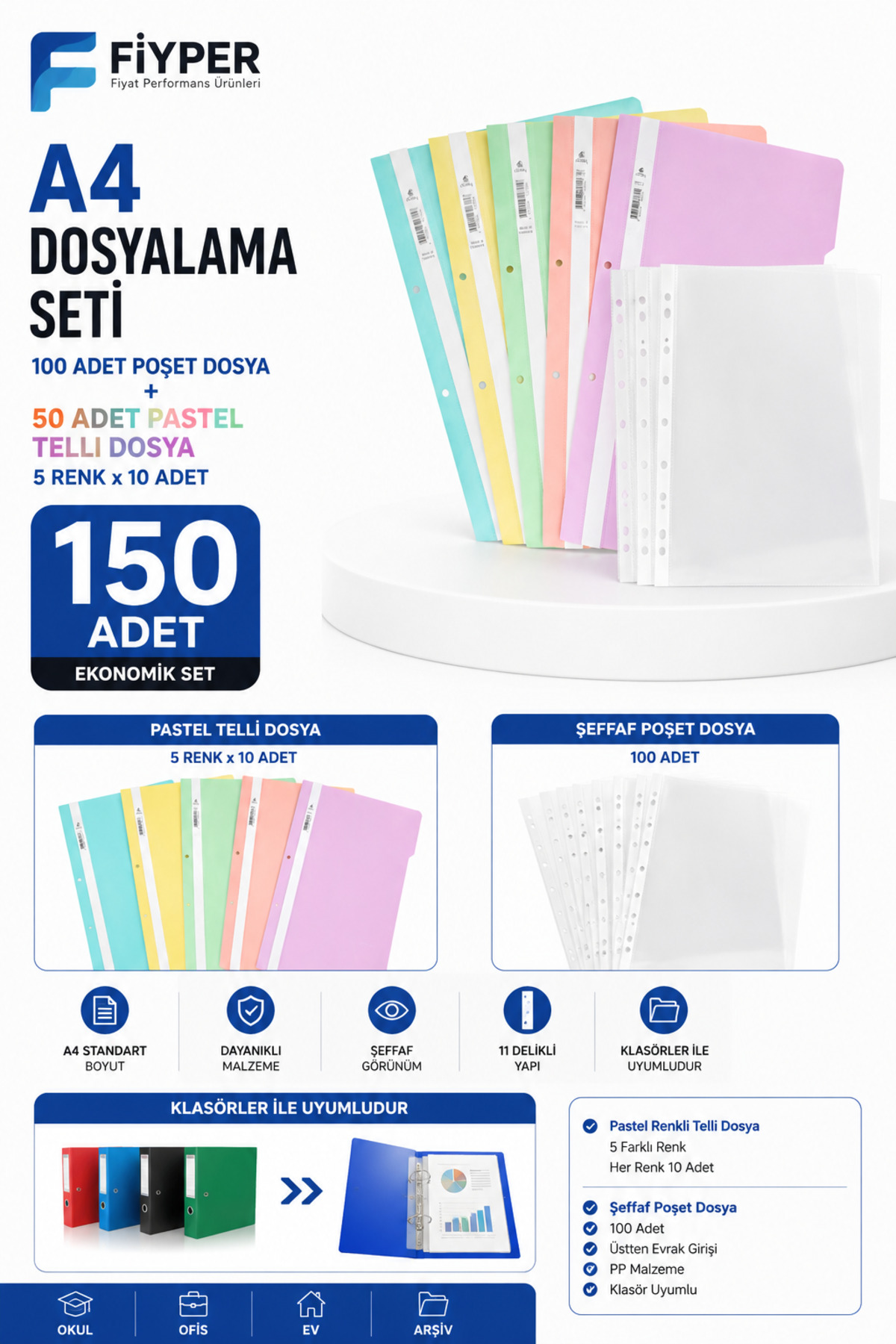 Fiyper Fiyat Performans Ürünleri A4 Dosyalama Seti 100'lü Poşet Dosya 50'li 5 Renk Pastel Telli Dosya Klasör Uyumlu