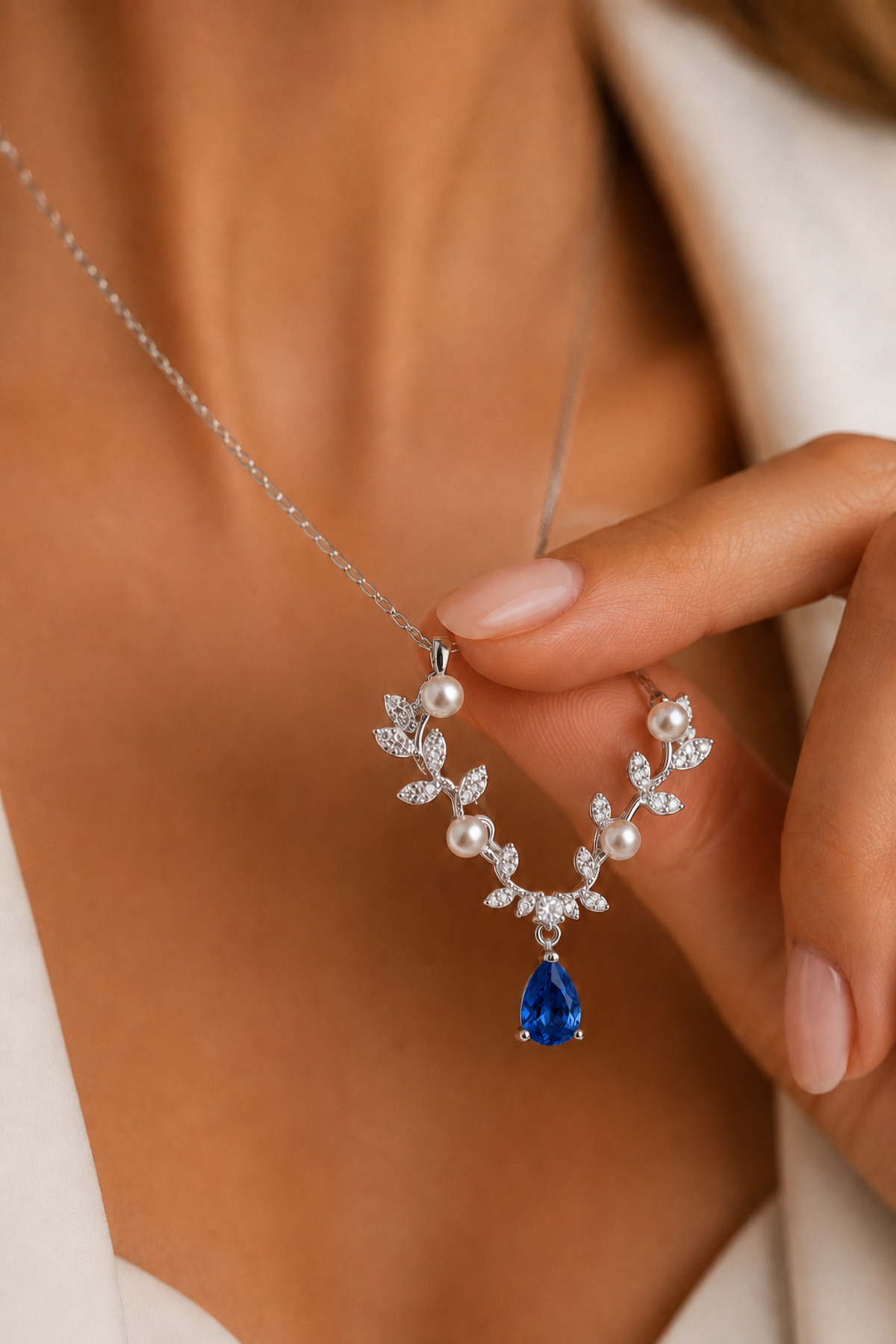 TAYFUN SİLVER Safir İnci Yaprak | Safir Mavi Damla Zirkon Taşlı İnci Yaprak Model 925 Ayar Gümüş Kolye görsel 4