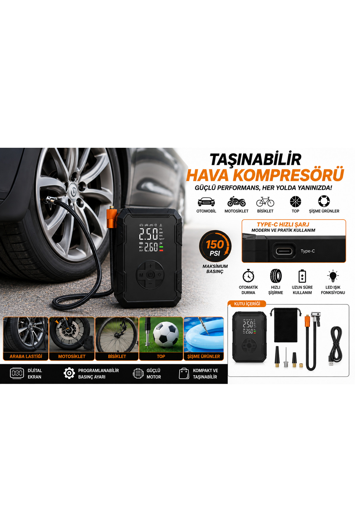 Mega Oto Market 150 PSI Şarjlı Taşınabilir Hava Kompresörü