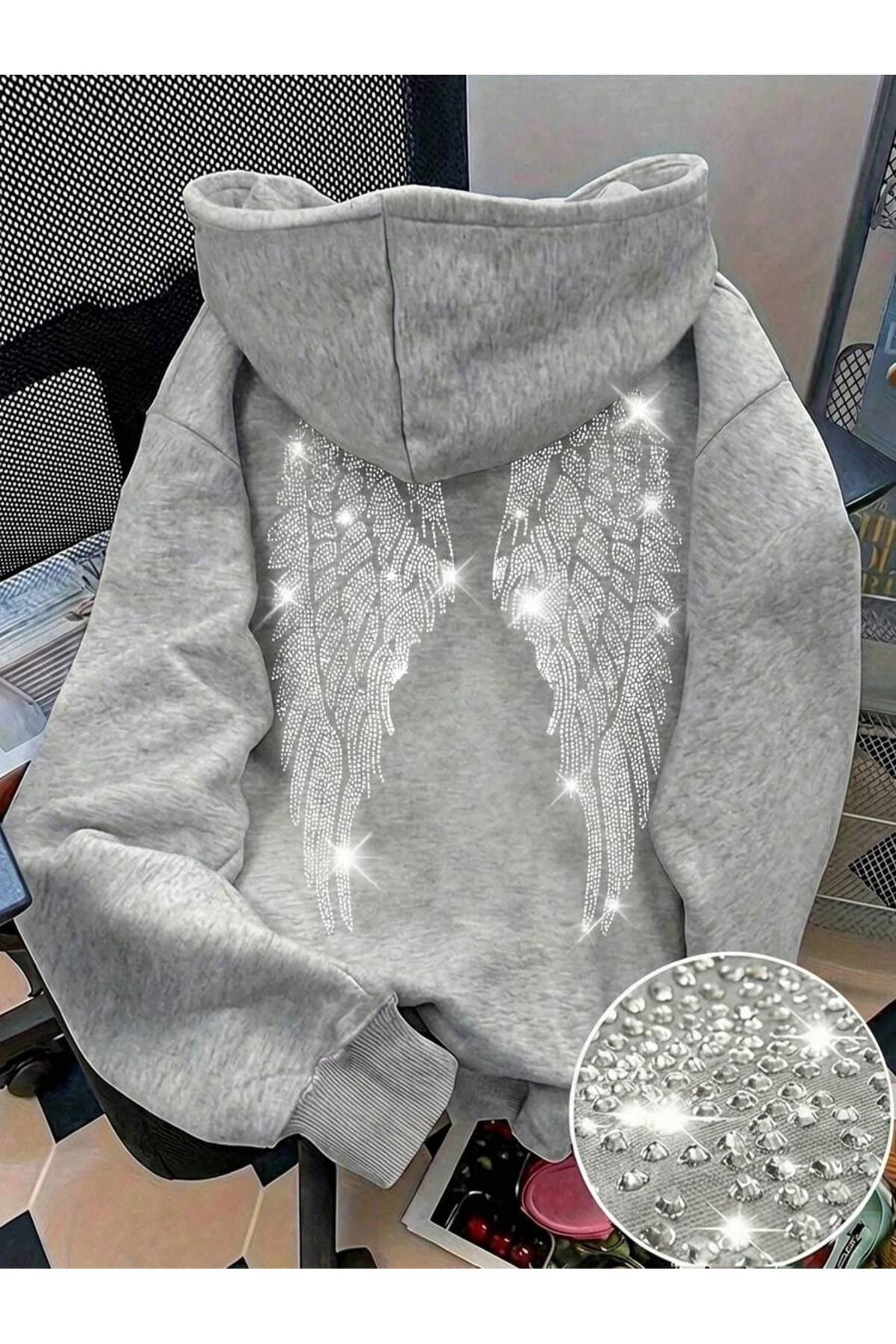 Kadın Sırtı Kanat Taş Baskılı 3 İplik Şardonlu Kumaş Kapüşonlu Oversize Sweatshirt