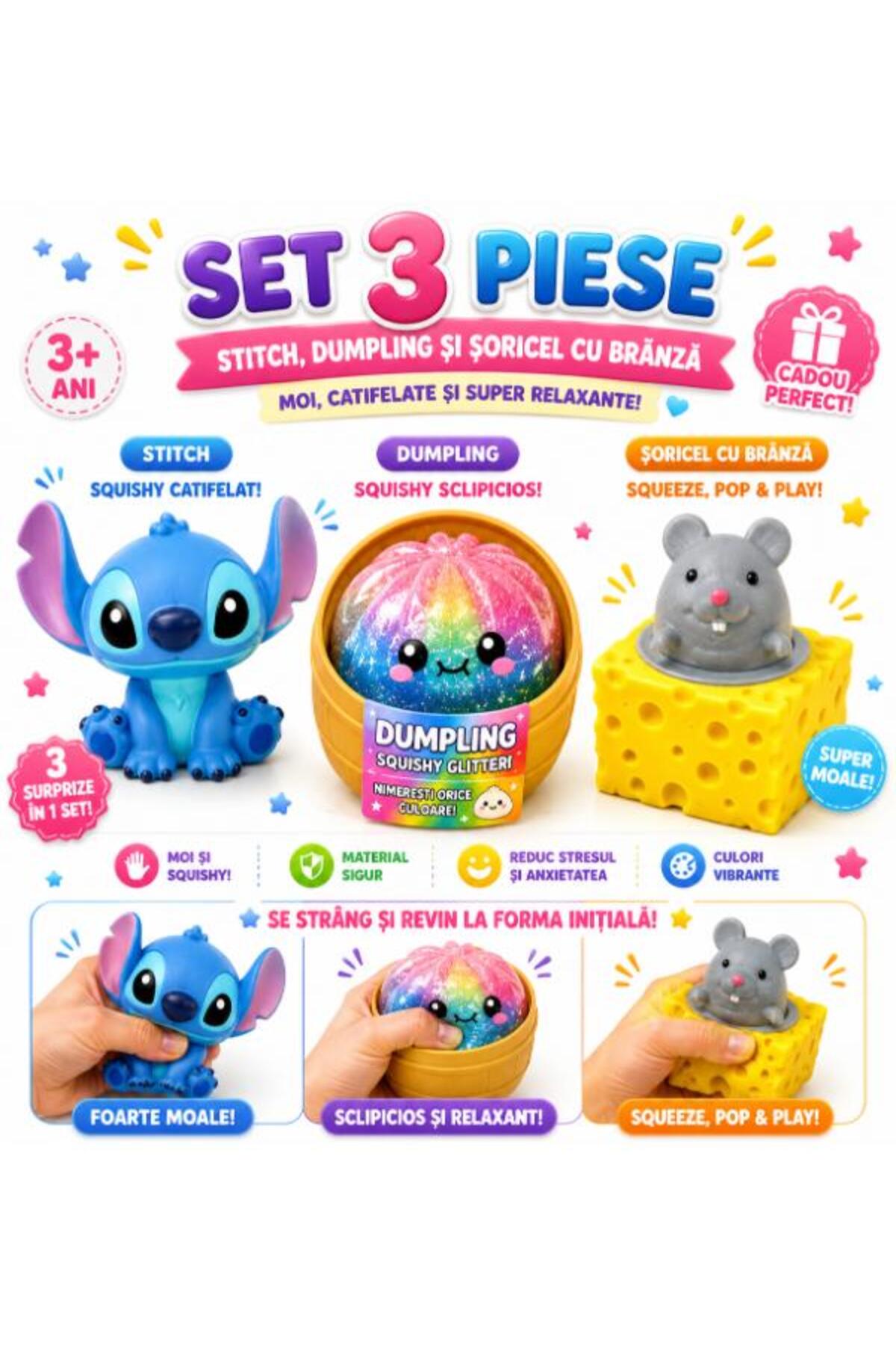 Squishy Σετ 3 παιχνιδιών Top Bottom: Στιτς, Ντάμπλινγκ, Ποντίκι Τυρί, για παι...