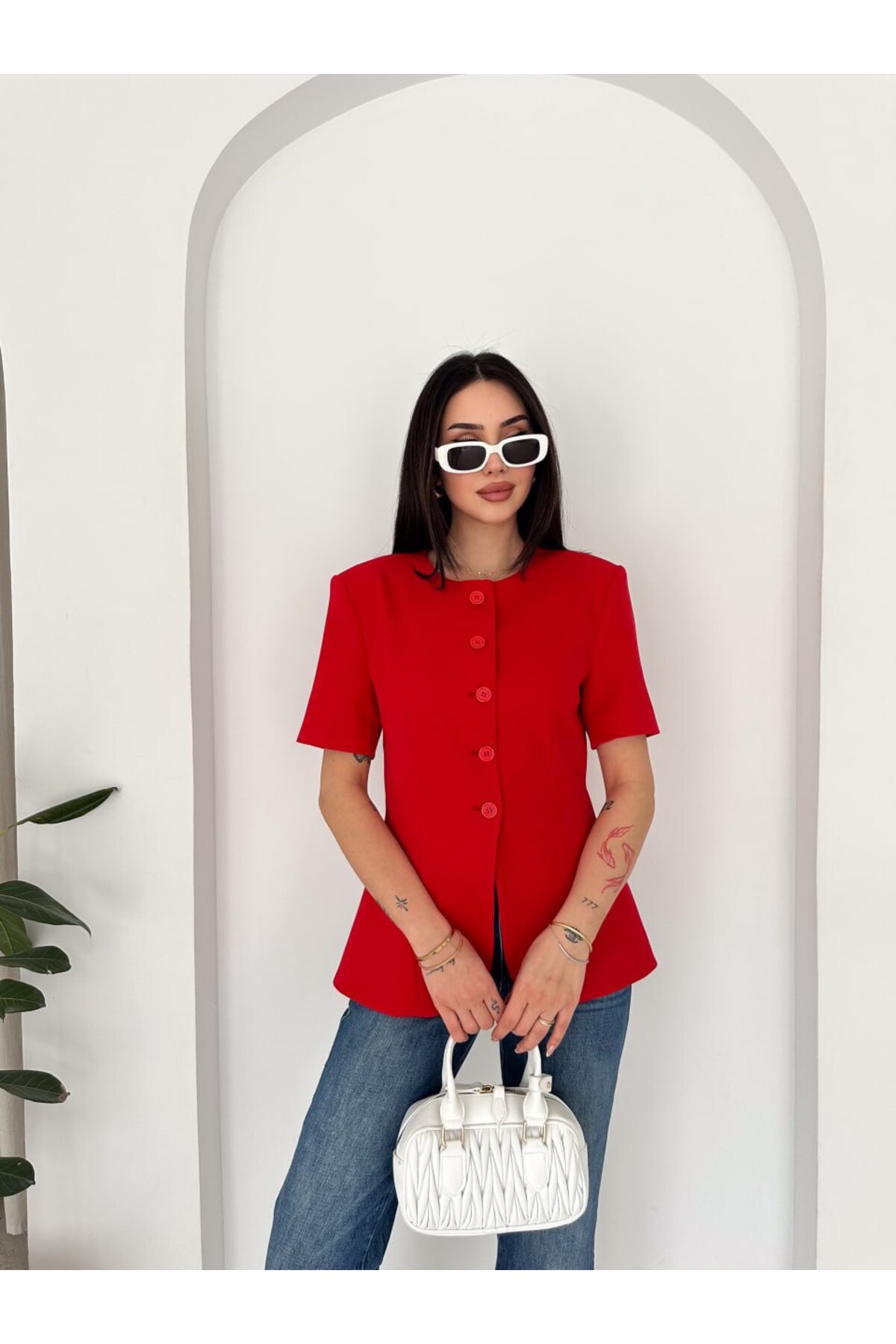 Pukka Kadın Double Kumaş Düğmeli Bel Oturtmalı Kısa Kollu Blazer Ceket