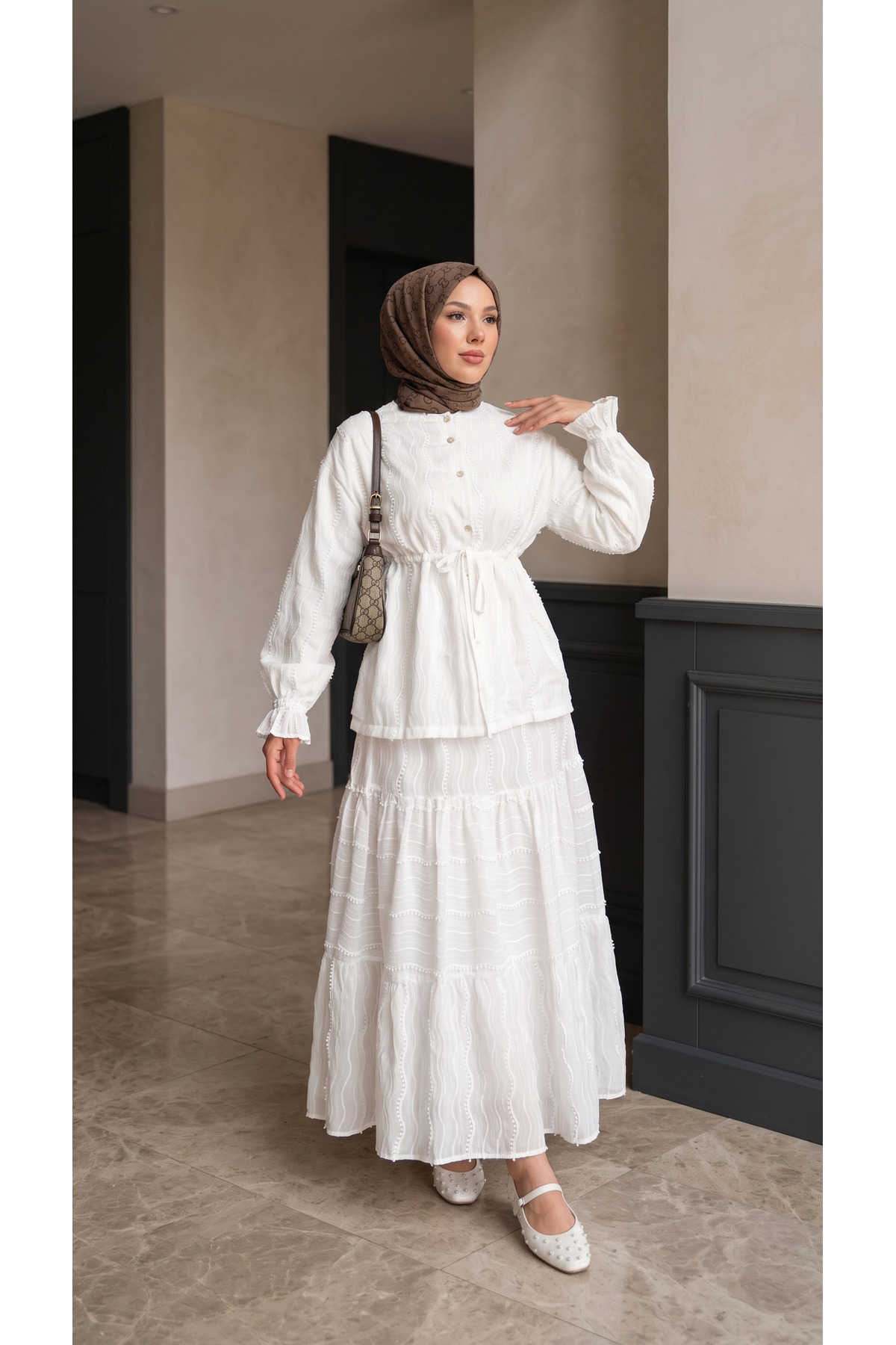 PİNK FLY Buttoned Front, Lace-Up Waist, Elastic Sleeves, Skirted Lace Suit