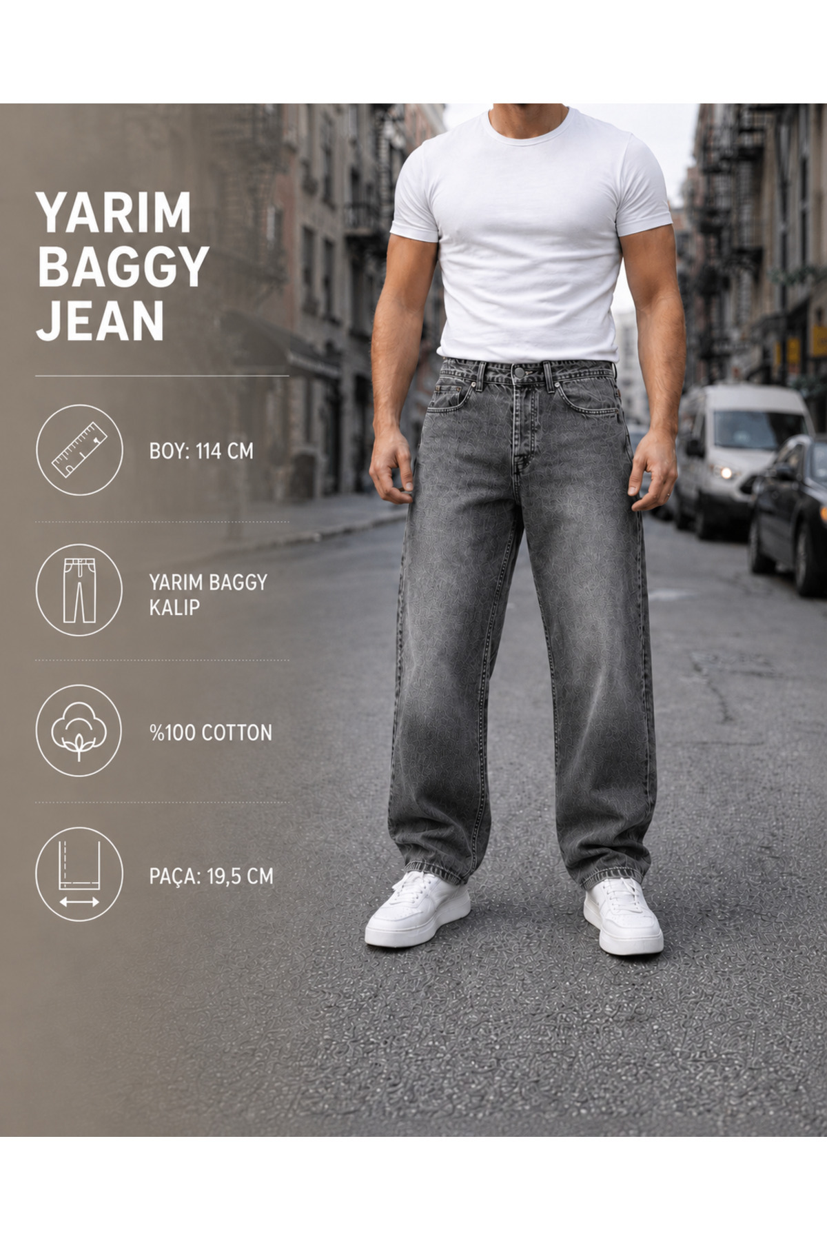 fashionistanbul Erkek Antresit Siyah Baggy Jean Pantolon Rahat Kalıp Geniş Paça Denim Kot görsel 2