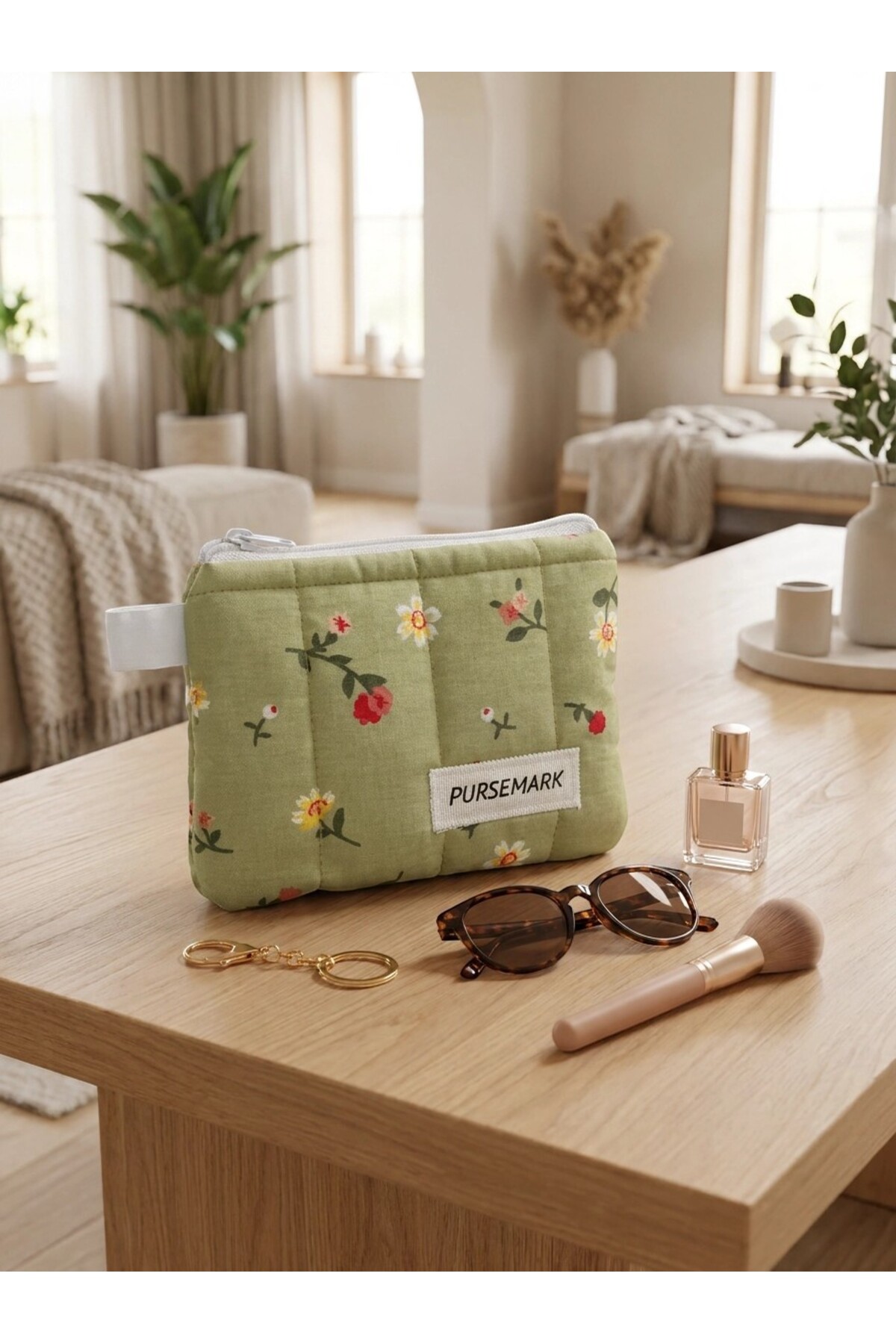 PURSEMARK Yeşil Çiçek Desenli El Yapımı Küçük Cüzdan görsel 6