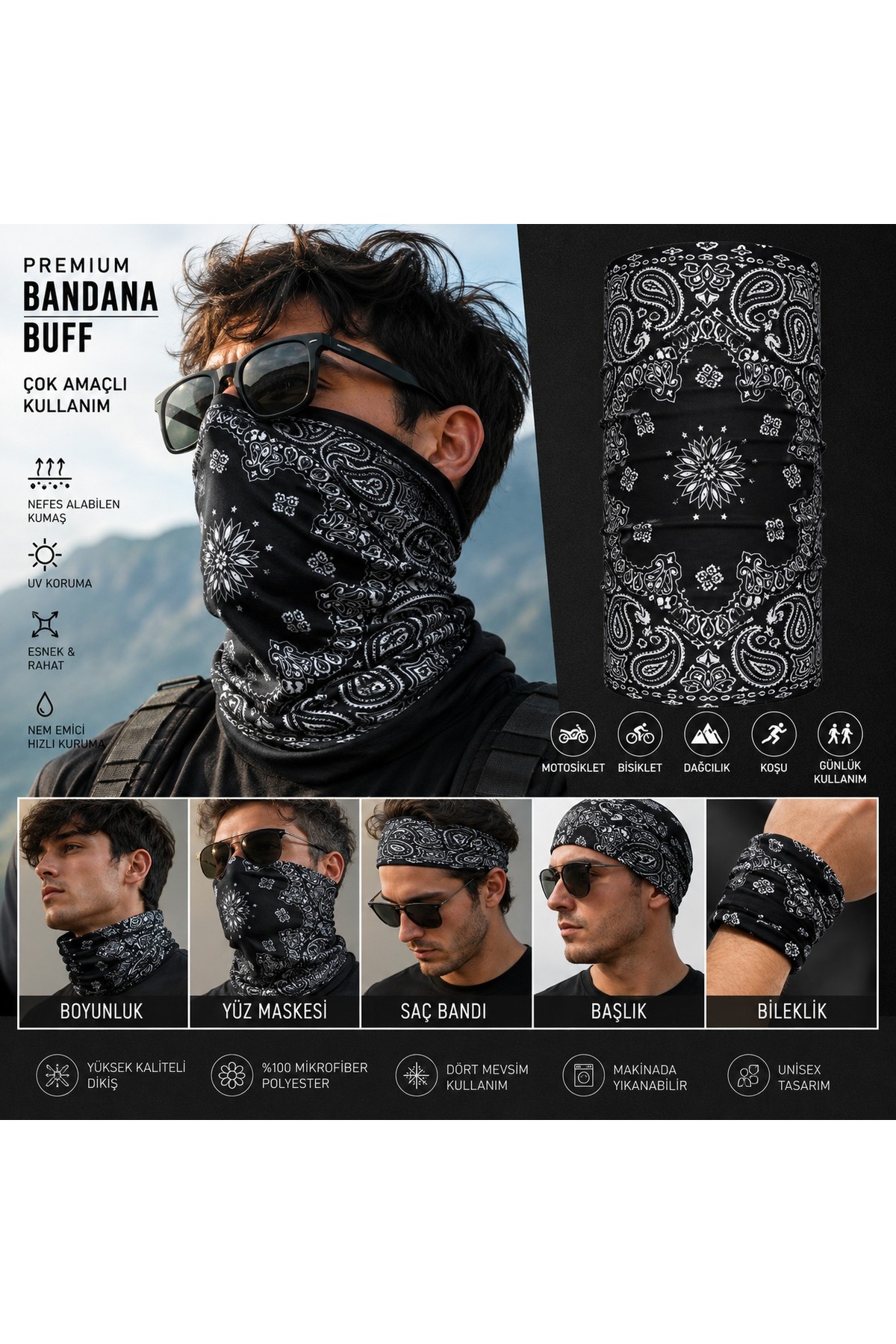 FG KONNİCHİWA Bandana Siyah Etnik Bandana Yüz Maskesi ve Boyunluk ve Günlük ve Motosiklet Kullanımı UV Korumalı Çok Amaçlı Boyunluk görsel 3