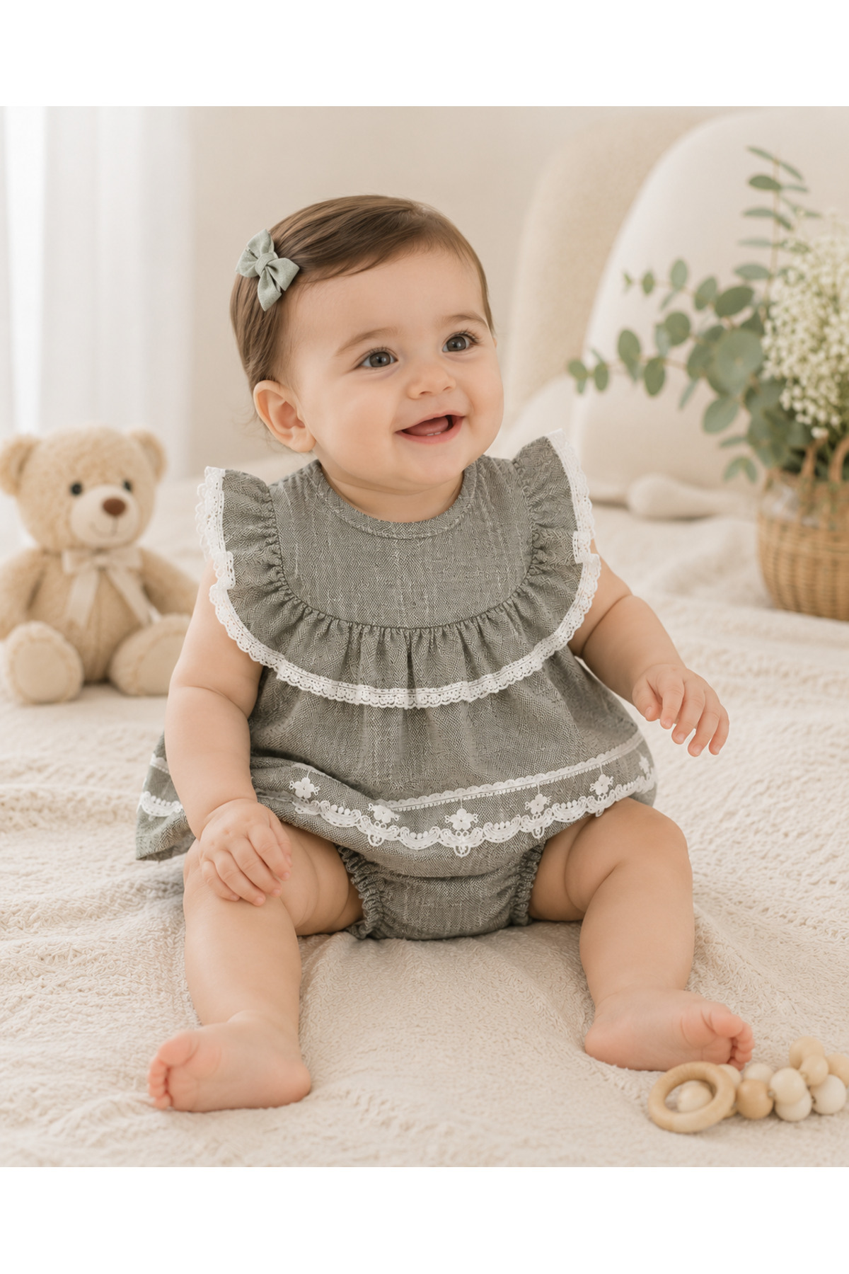 Kız Bebek Dantel Detaylı 2'li Takım – Fırfırlı Bluz ve Bloomer Şort