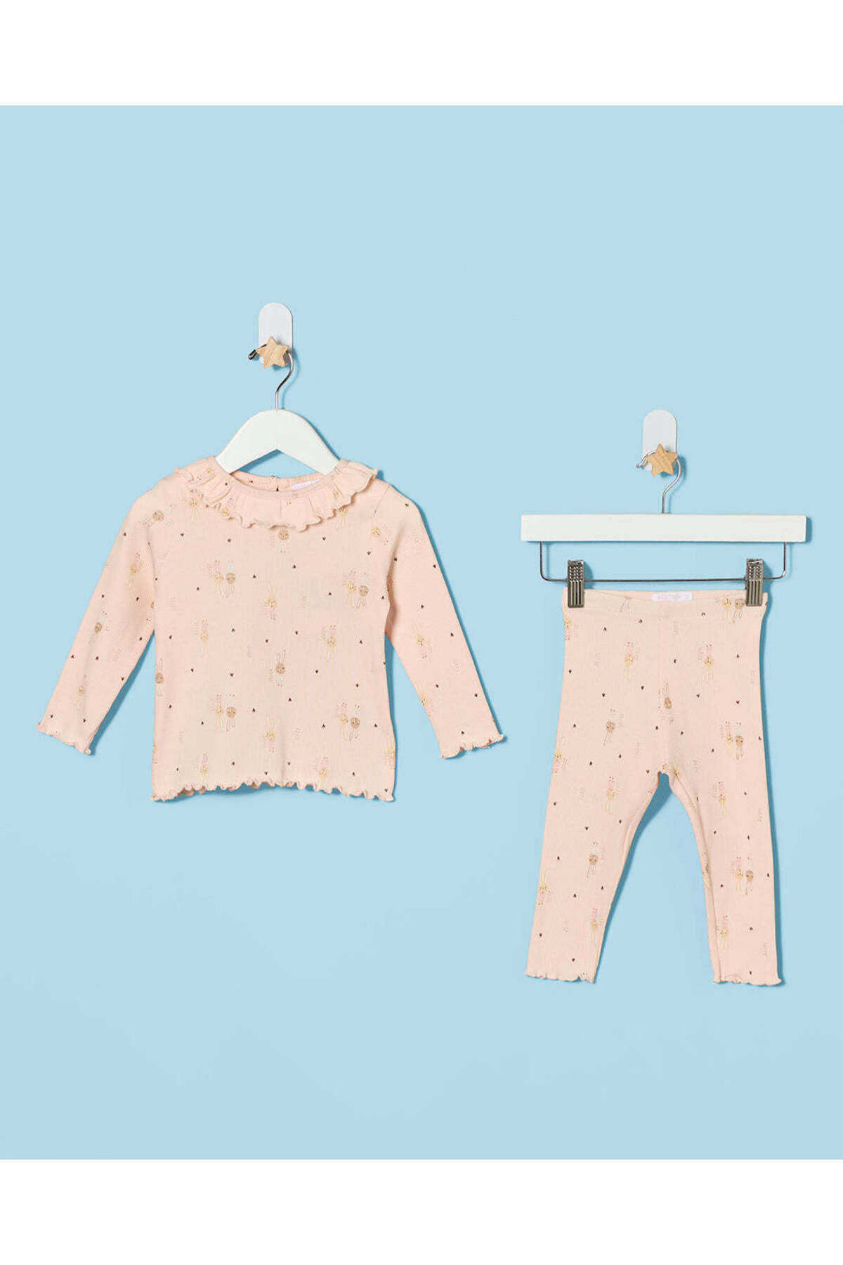 REDTAG Infant Girls Pale Pink All Over Print Rib Pyjama Set