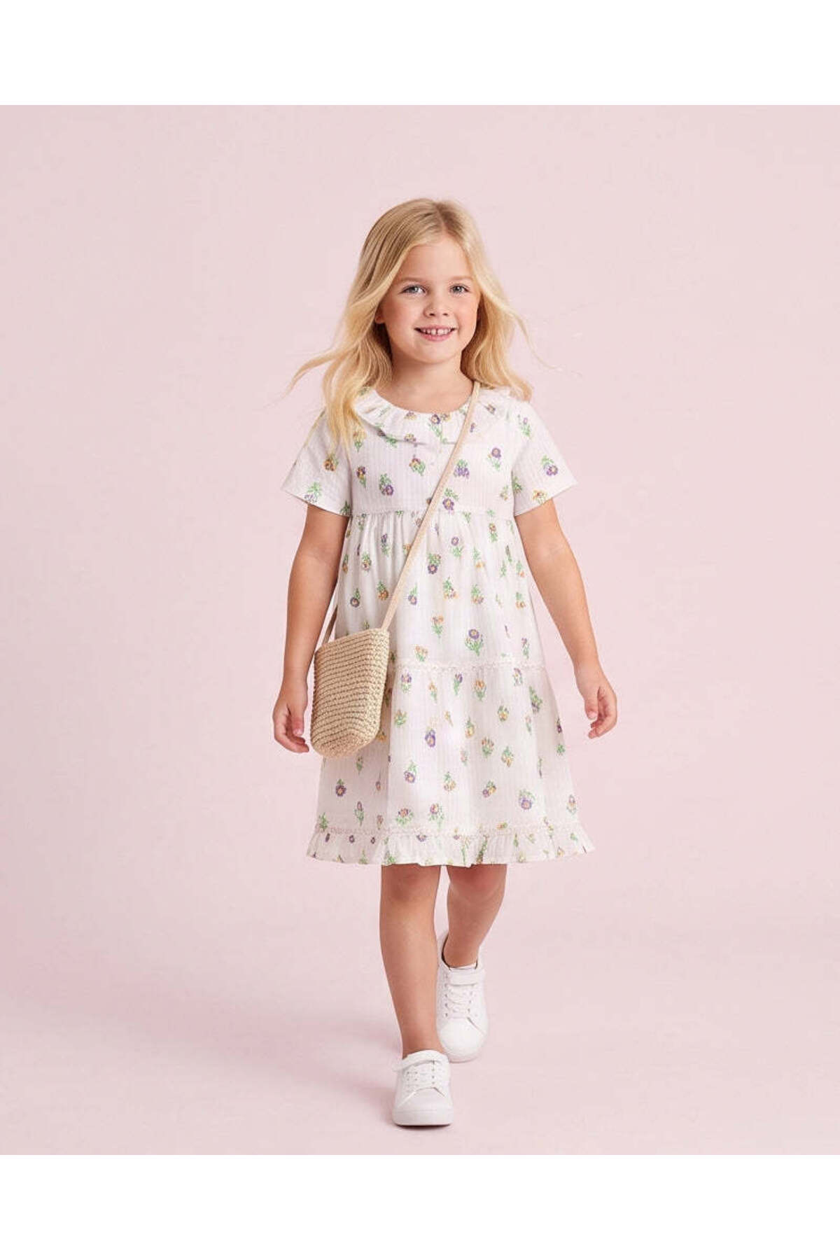 REDTAG Girls White Dobby Floral All Over Print Cap Sleeve Dress