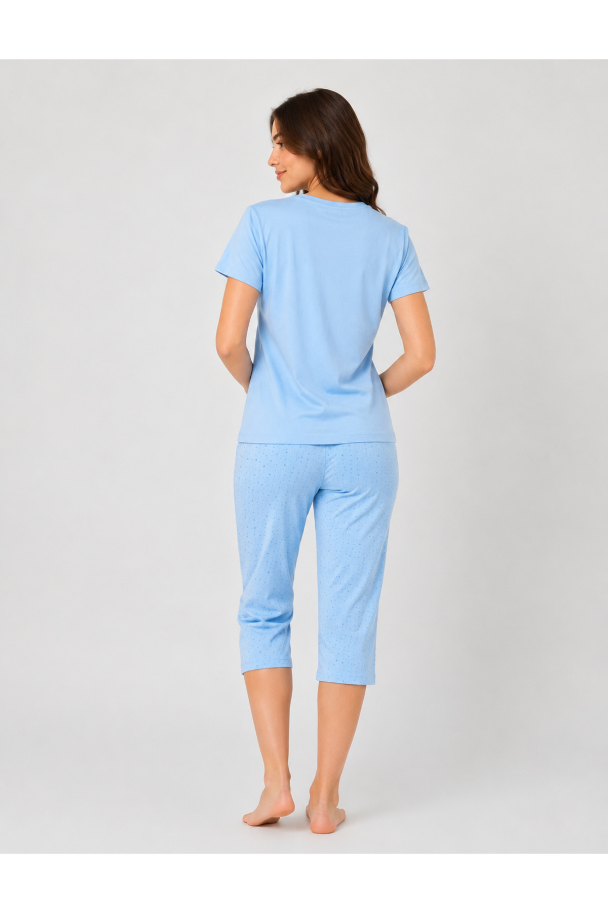 Pijamask Kadın Mavi Kısa Kollu Baskılı Kapri Pijama Takımı, Yazlık Rahat Ev Giyim (P100-833) görsel 3