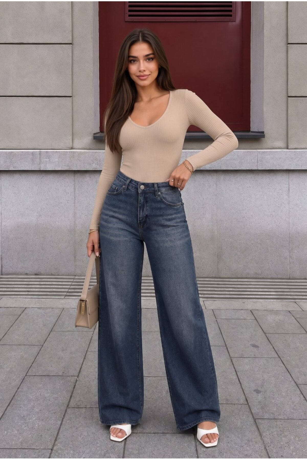 LACİVERT EFEKTLİ Soluk Efekt Vintage Yüksek Bel Wide Leg Geniş Paça with Lycra Jeans 4