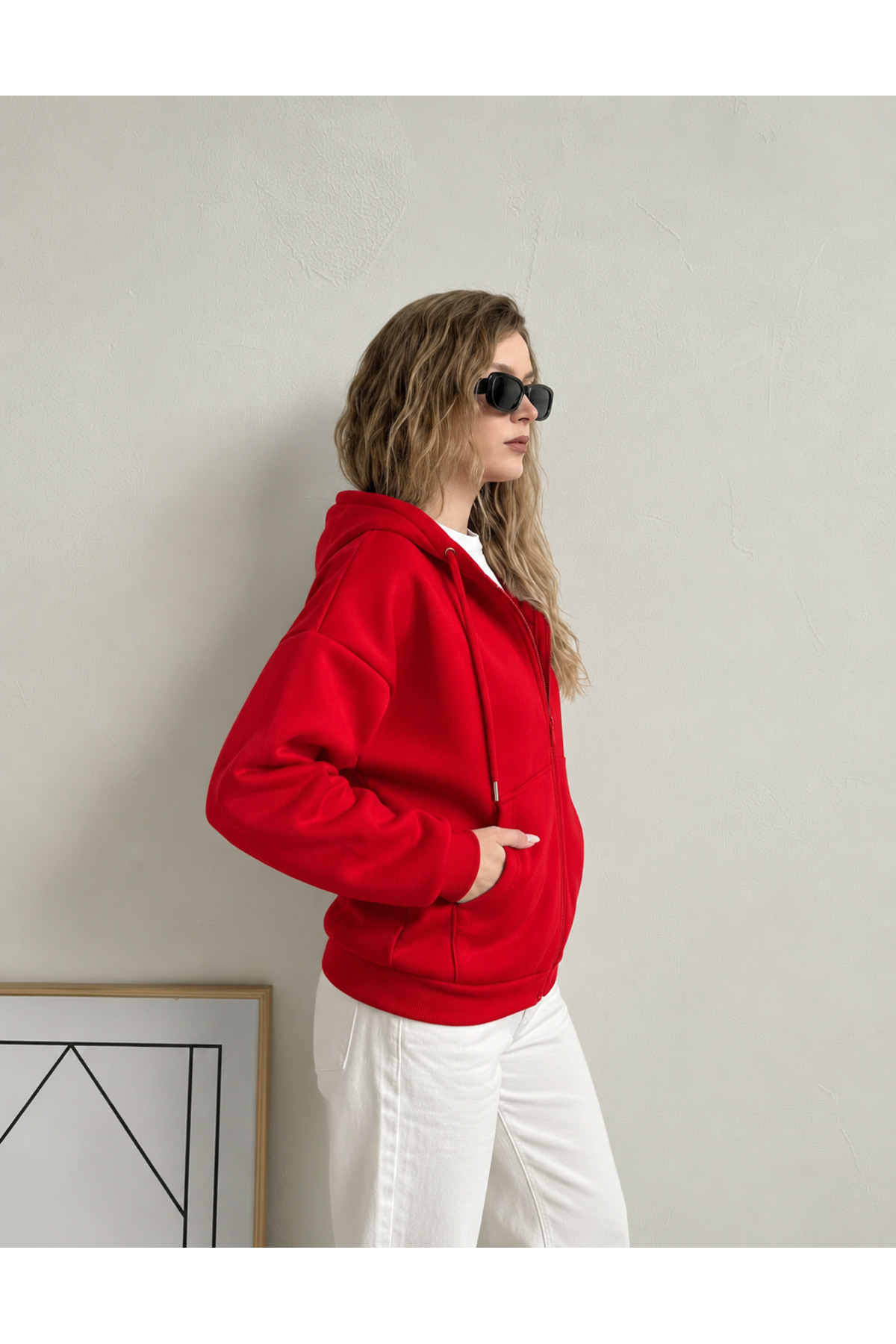 YAKAMEL KADIN 3 İPLİK KAPÜŞONLU FERMUARLI OVERSİZE SWEATSHIRT HIRKA görsel 3