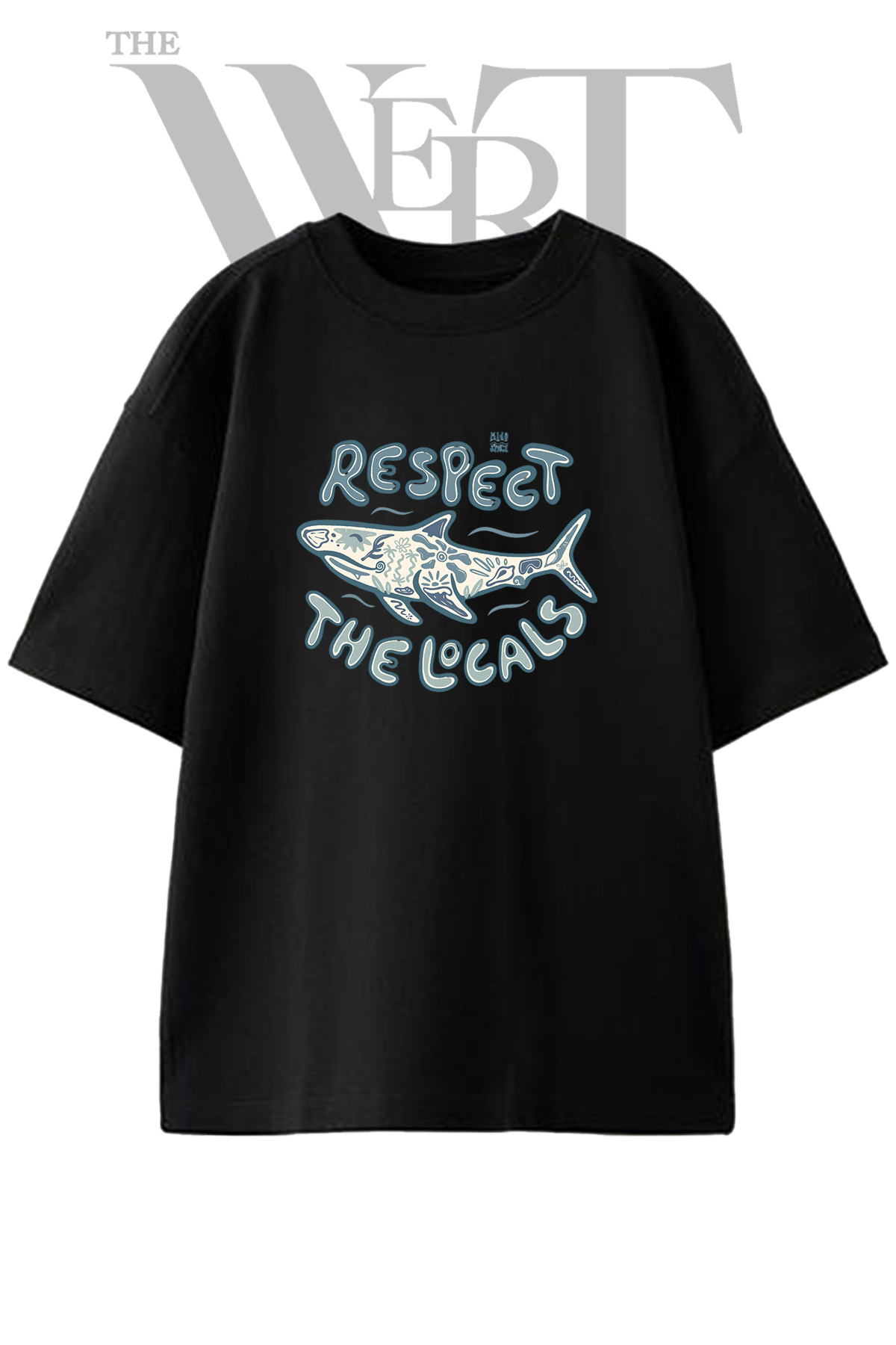 THEWERT Patterned Shark Design Printed Unisex Black Oversize T-Shirt