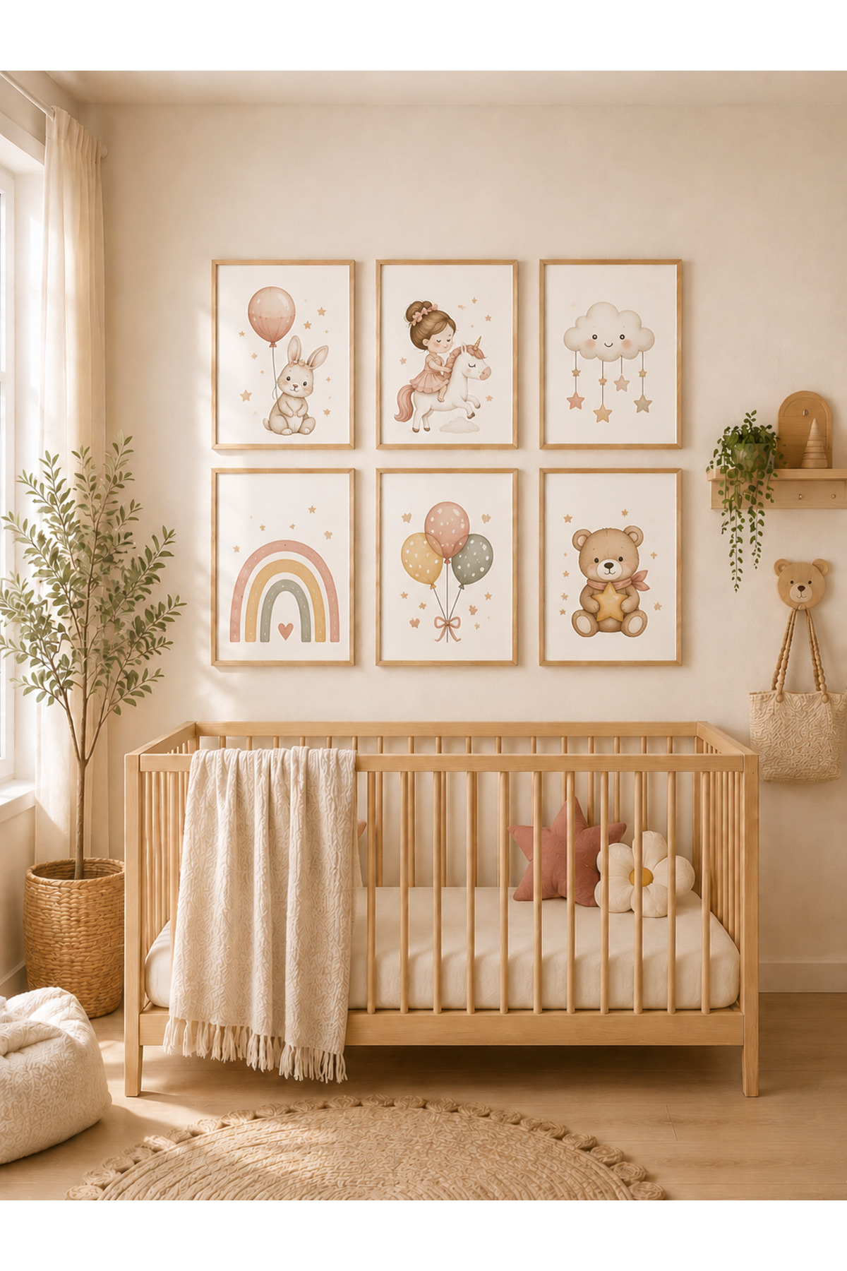 6 Parça MDF Tablo Seti Tavşan, Unicorn, Gökkuşağı, Balon ve Ayıcık – Pembe Bebek Odası, Çocuk Odası, Ev ve Ofis Duvar Dekorasyonu