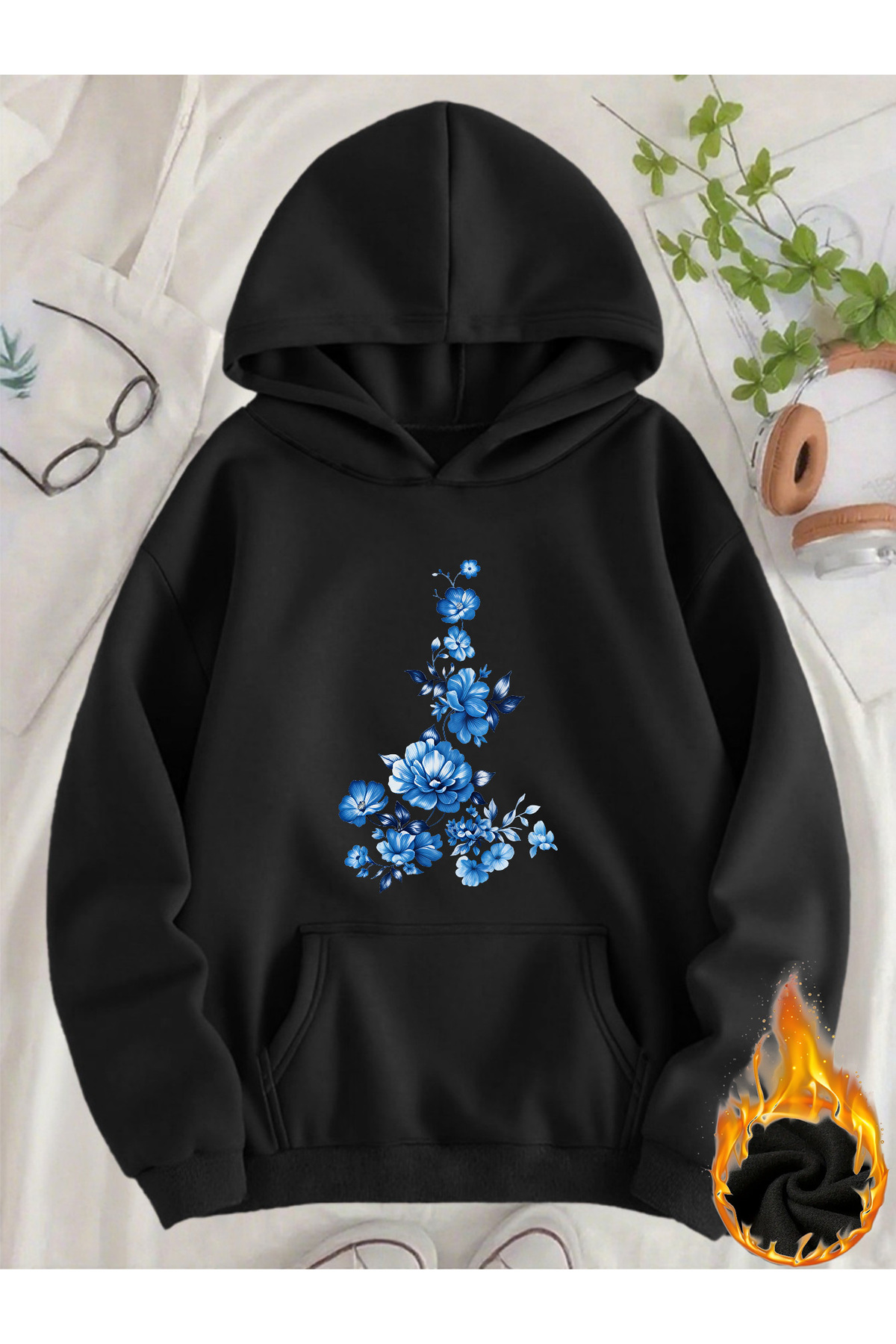 mercoledi Unisex Blue Floral Printed Hooded Kangaroo Pocket Comfortable Fit Regular Cut Sweatshirt