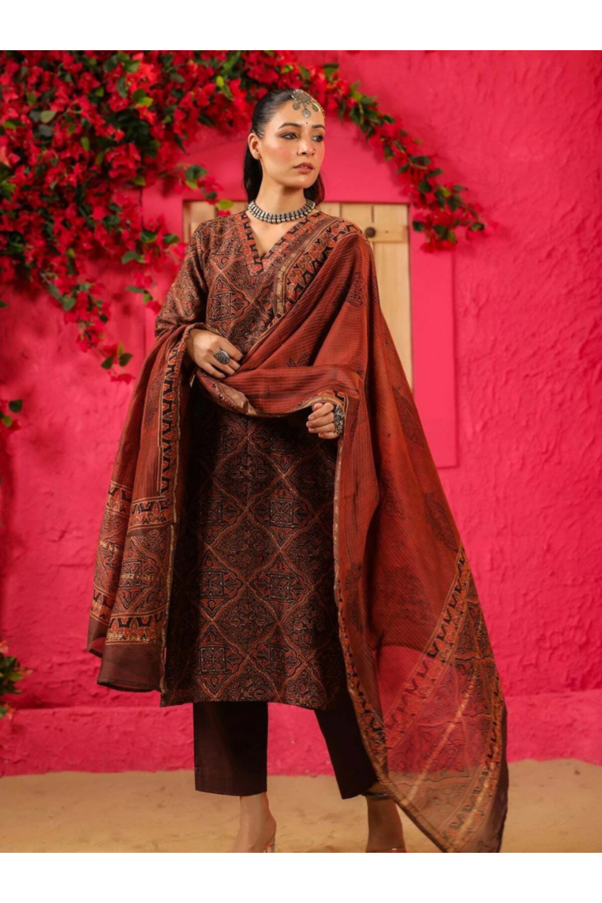 MYSMAR Rust Viscose Kameez Salwar & Dupatta - VRN1014 | Rust-Size:XL-42-Inches