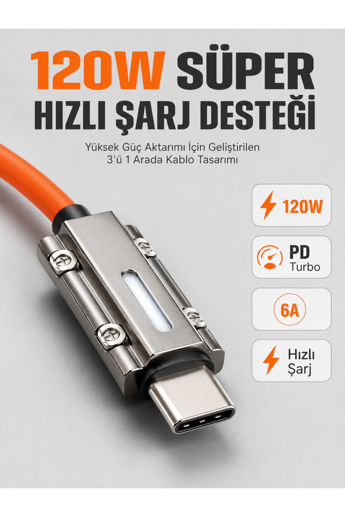 markentegra LED Göstergeli 120W PD Turbo Destekli Premium 3'ü 1 Arada Şarj Kablosu