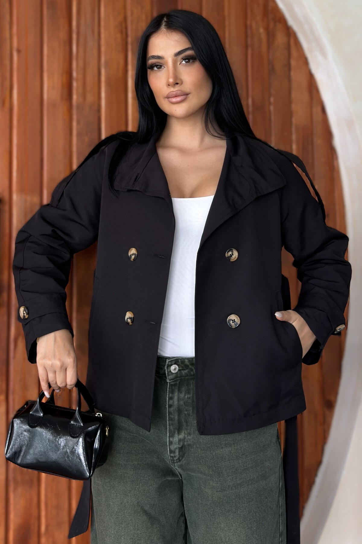 moda armanc Kadın Dik Yaka Trençkot Ceket - Kuşaklı Kruvaze Düğmeli Trenç görsel 3