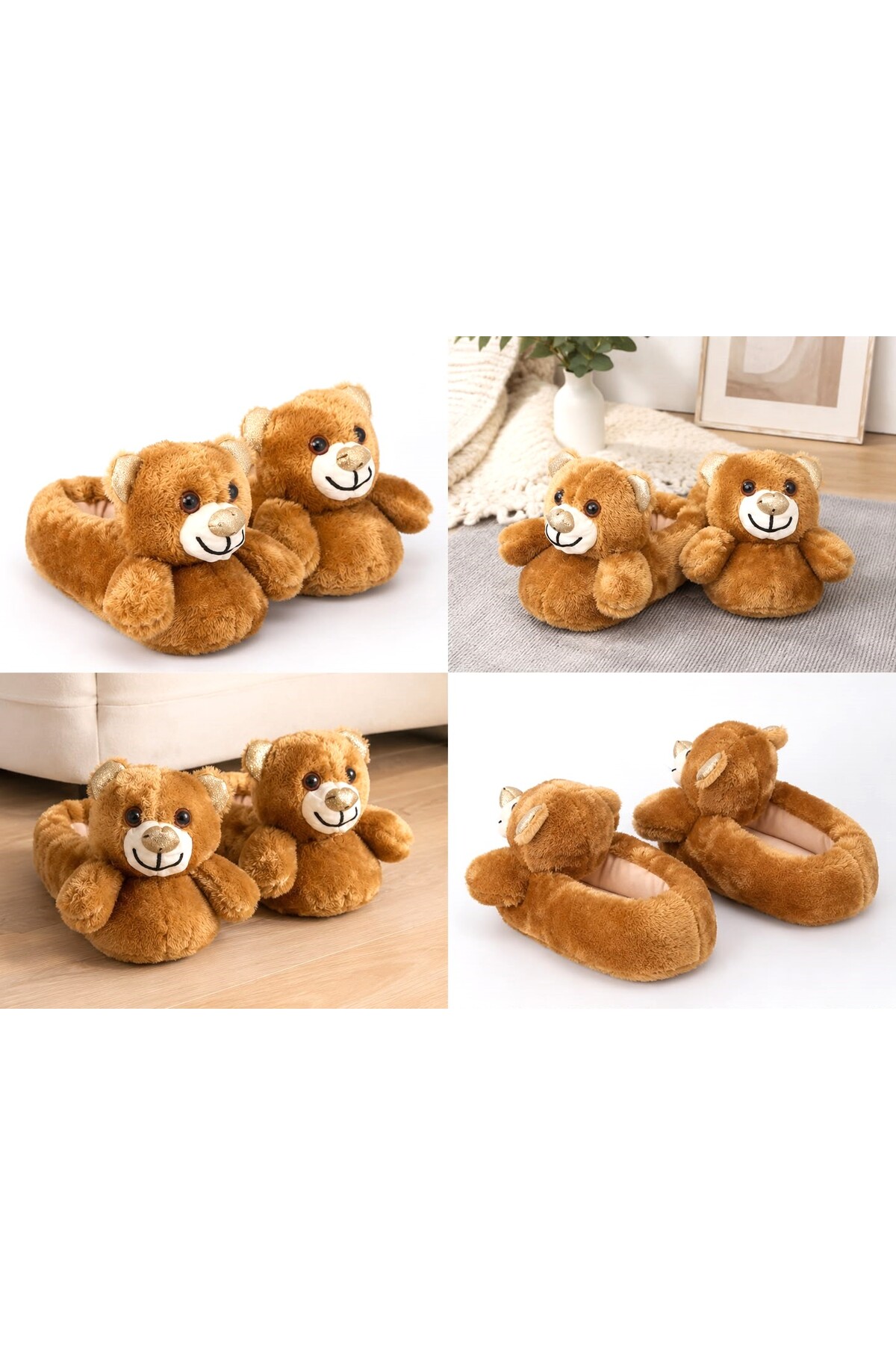 LİNA SOLE KAHVERENGİ AYICIKLI PELUŞ EV TERLİĞİ PANDUF görsel 4
