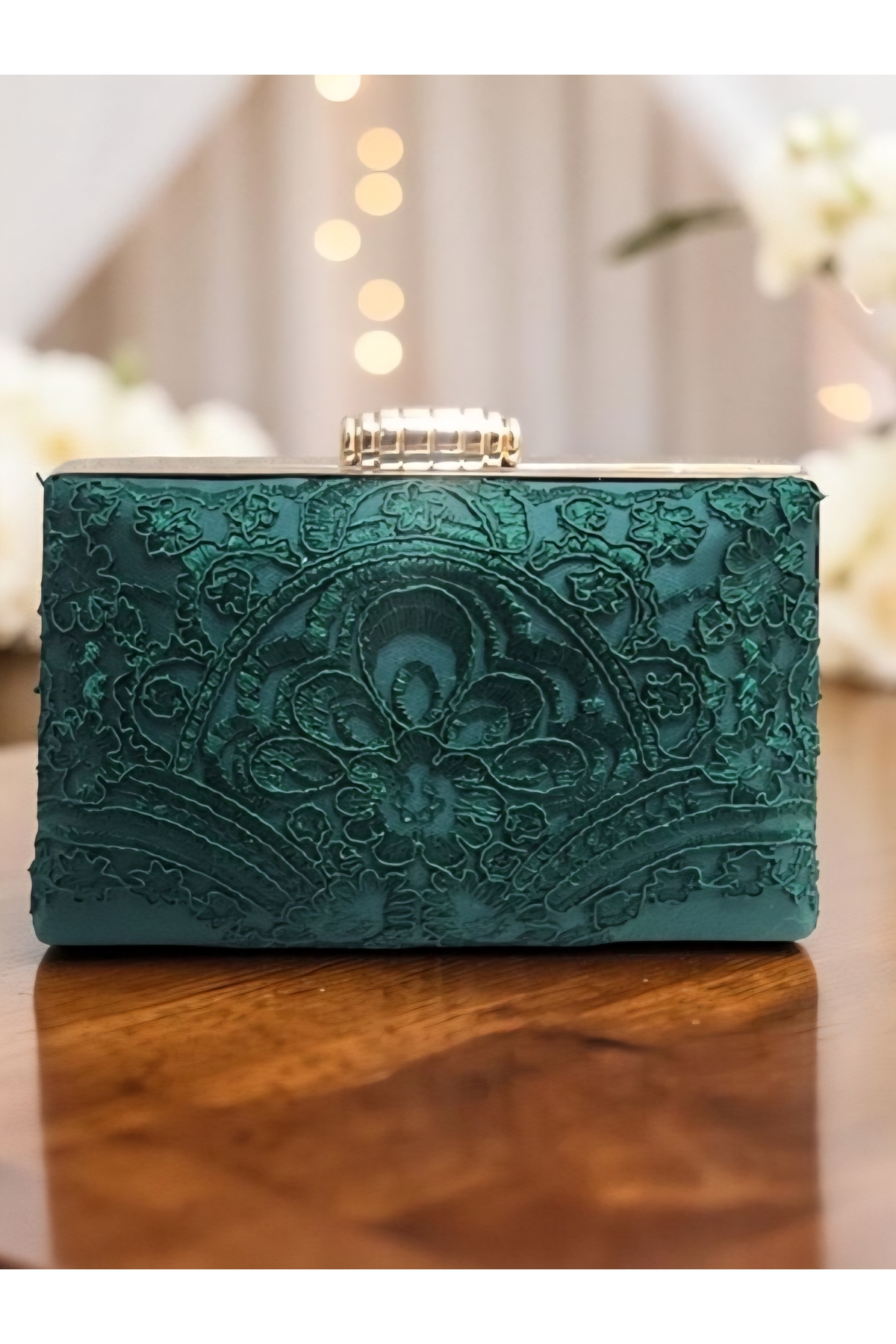 Telli Art Zümrüt Yeşili Dantel Zincir Askılı Abiye Çanta / Portföy 14x22 cm görsel 2