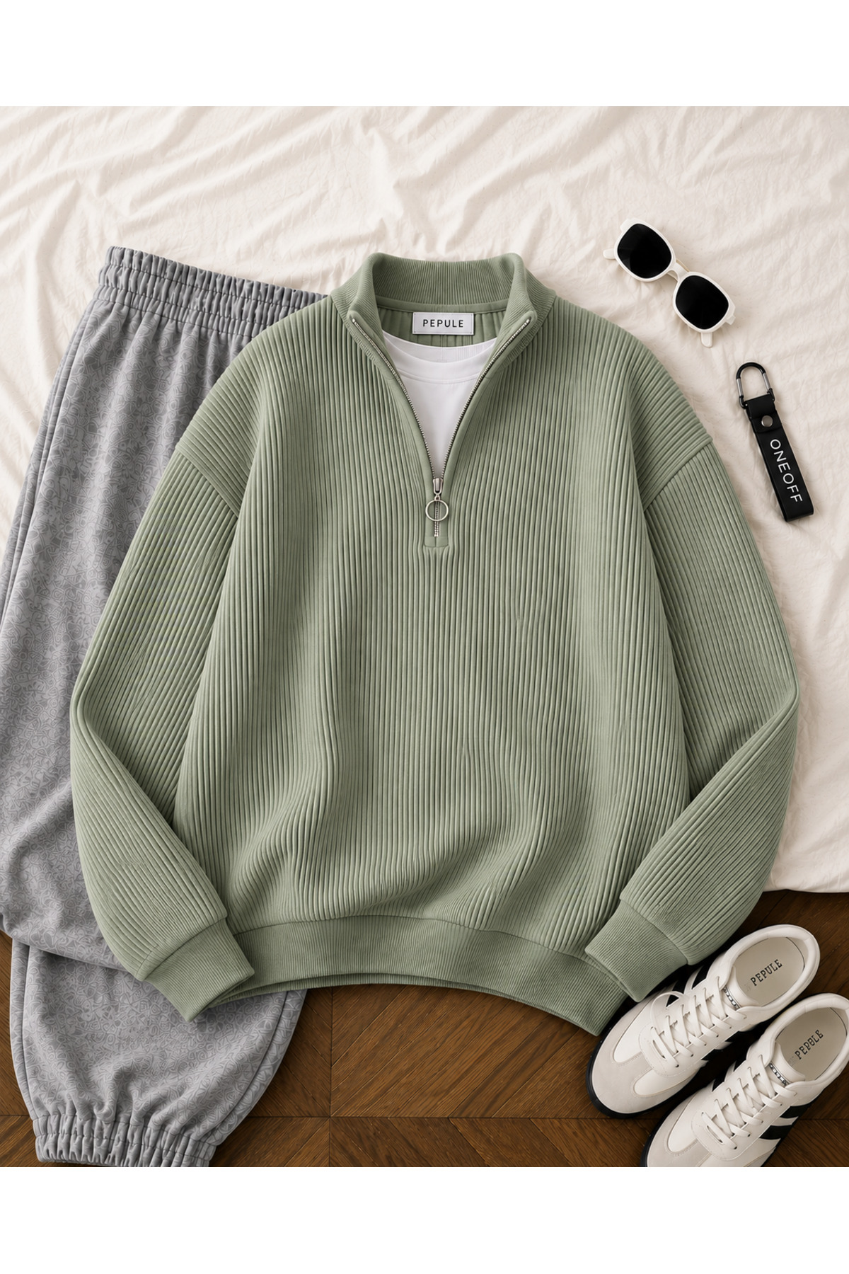 oneoff Erkek Selanik Örme Yarım Fermuarlı Triko Kazak Dik Yaka Kışlık Kalın Dokulu Modern Fit Premium