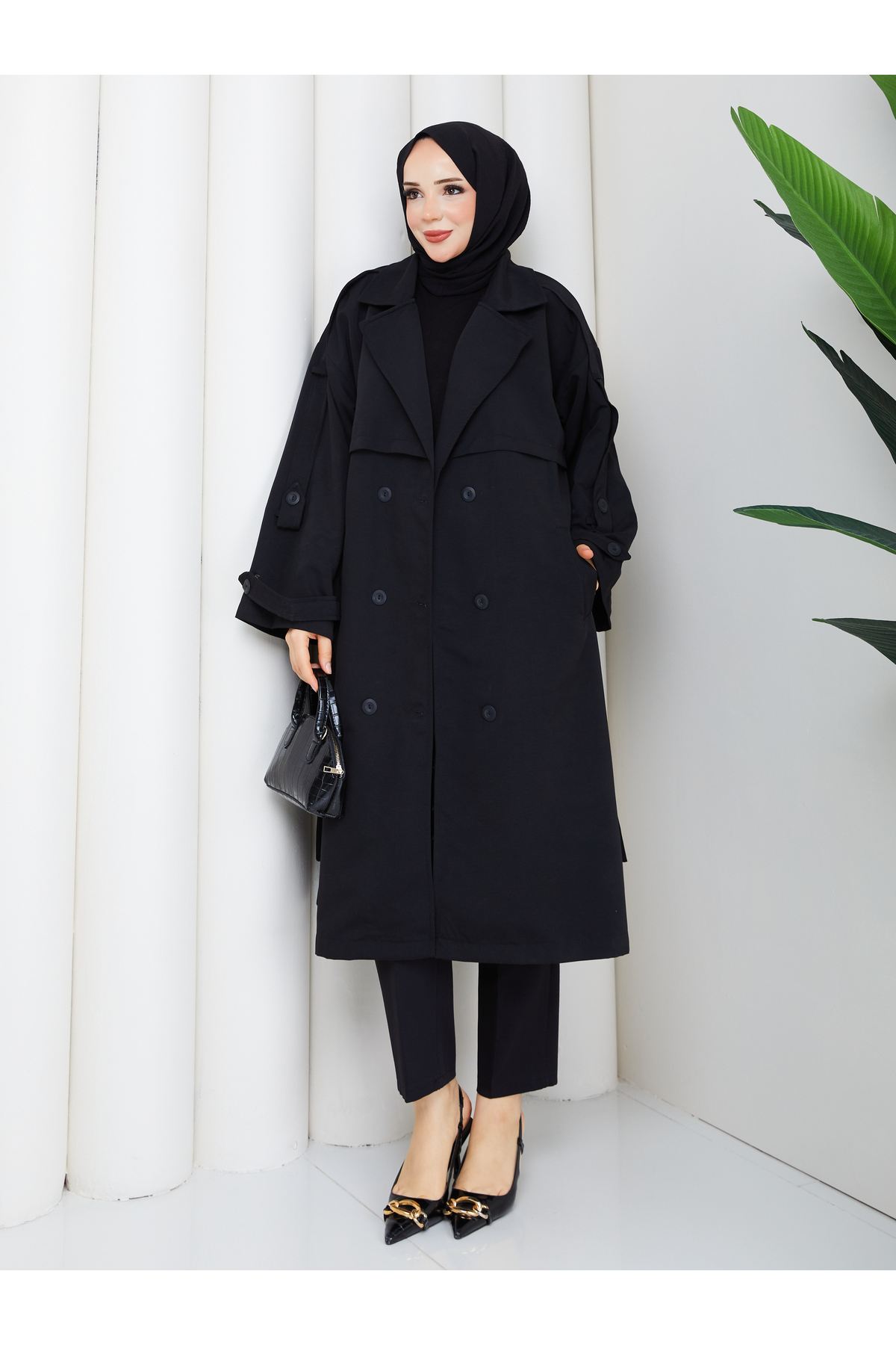 RACE FASHİON Kadın Oversize Düğmeli Tesettür Trençkot RC3111
