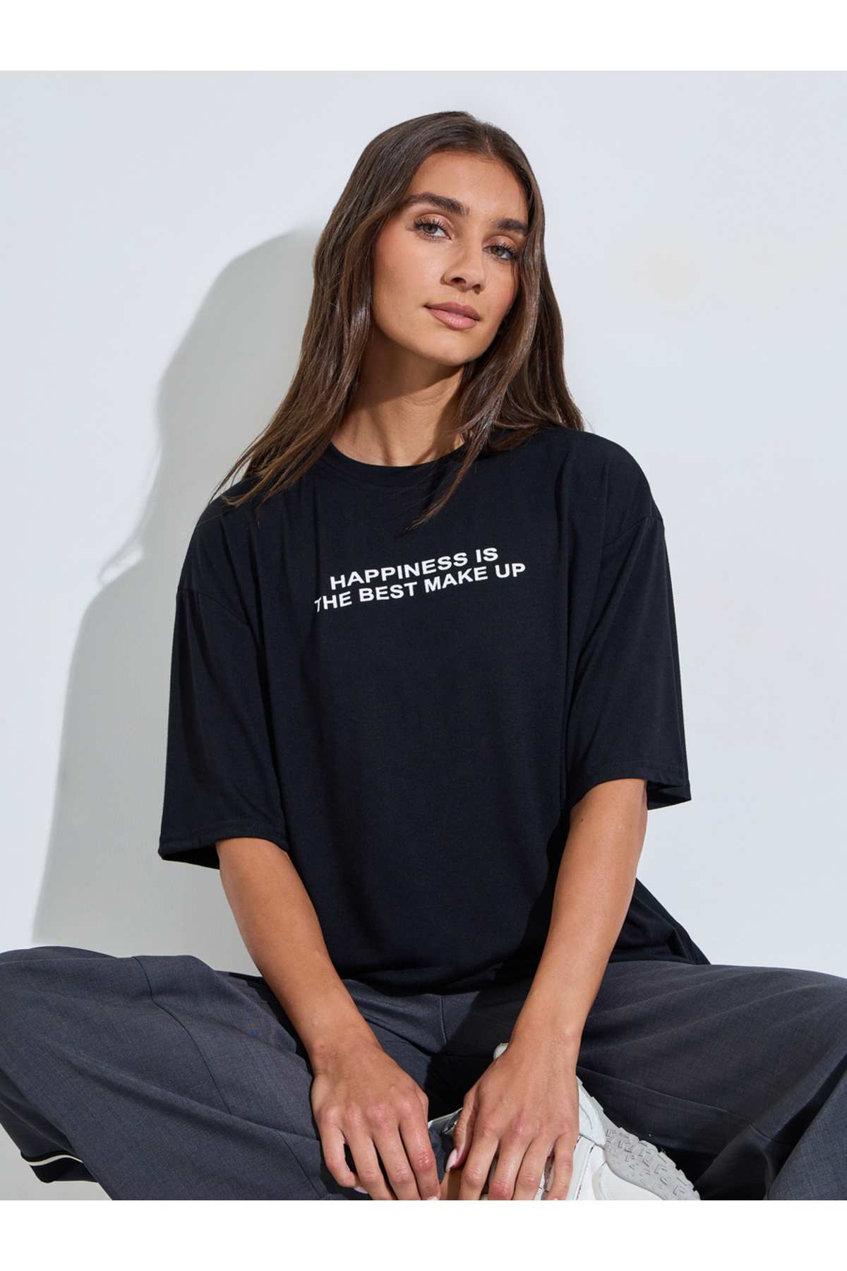 Styli Black Slogan Print Drop Shoulder Oversized T-Shirt