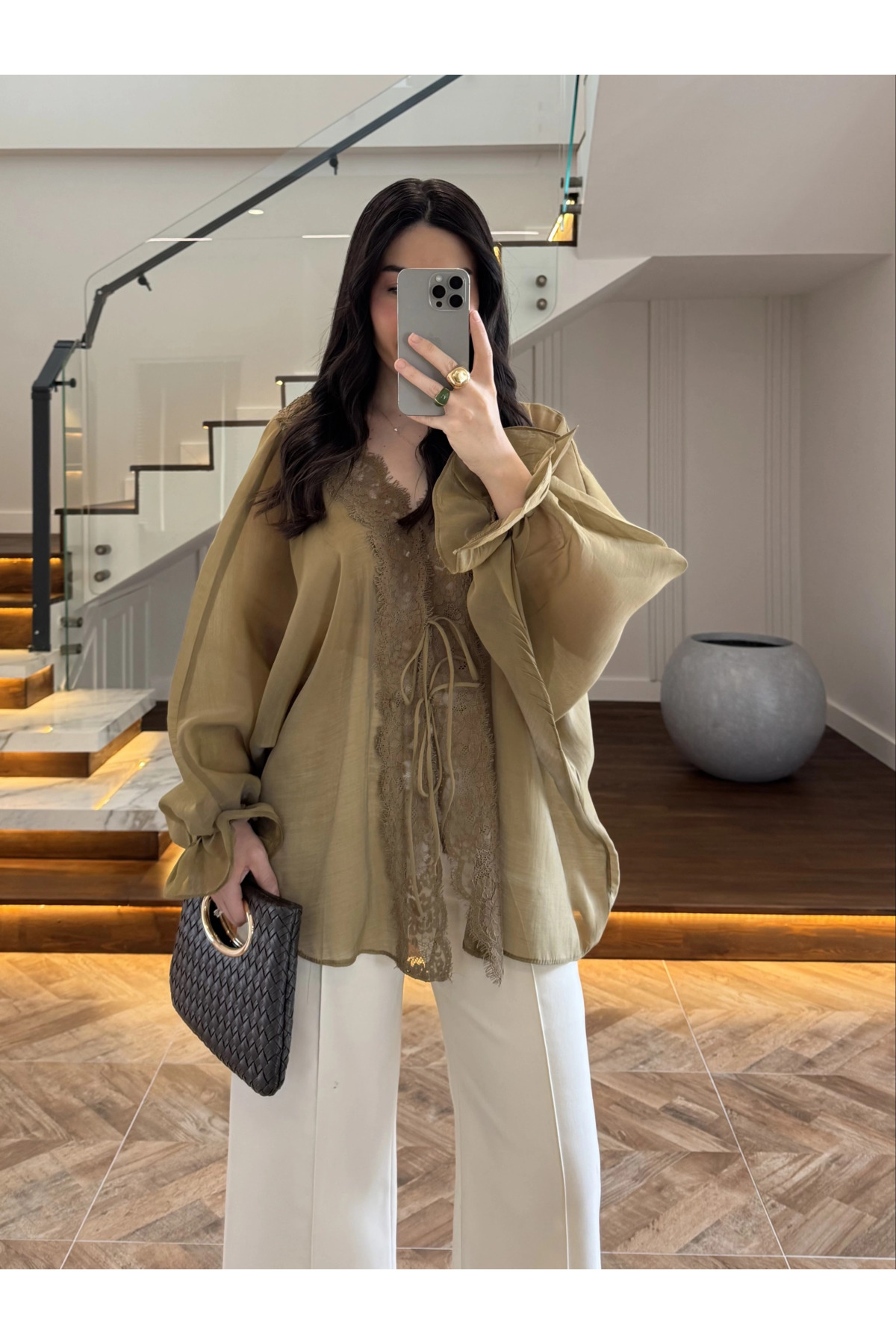 My Blog Olive Transparent Lace Shirt - 5108