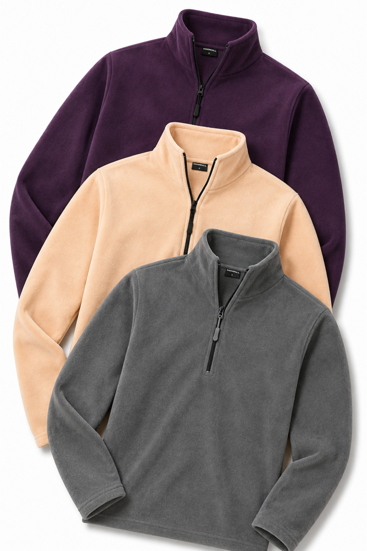 MOONBULL Erkek 3'lü Tüylenme Yapmaz Fit Bato Yaka Soğuk Geçirmez Polar Sweatshirt — بنفش 3'lüpolar