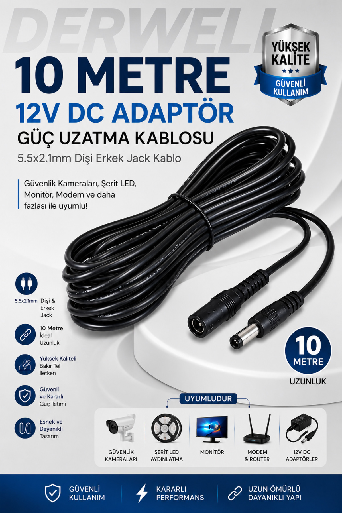 YENİ 2026 10 Metre 12V DC Adaptör Güç Uzatma Kablosu 5.5x2.1mm Güvenlik Kamerası Şerit LED Monitör Modem Uyumlu Dişi Erkek Jack Kablo
