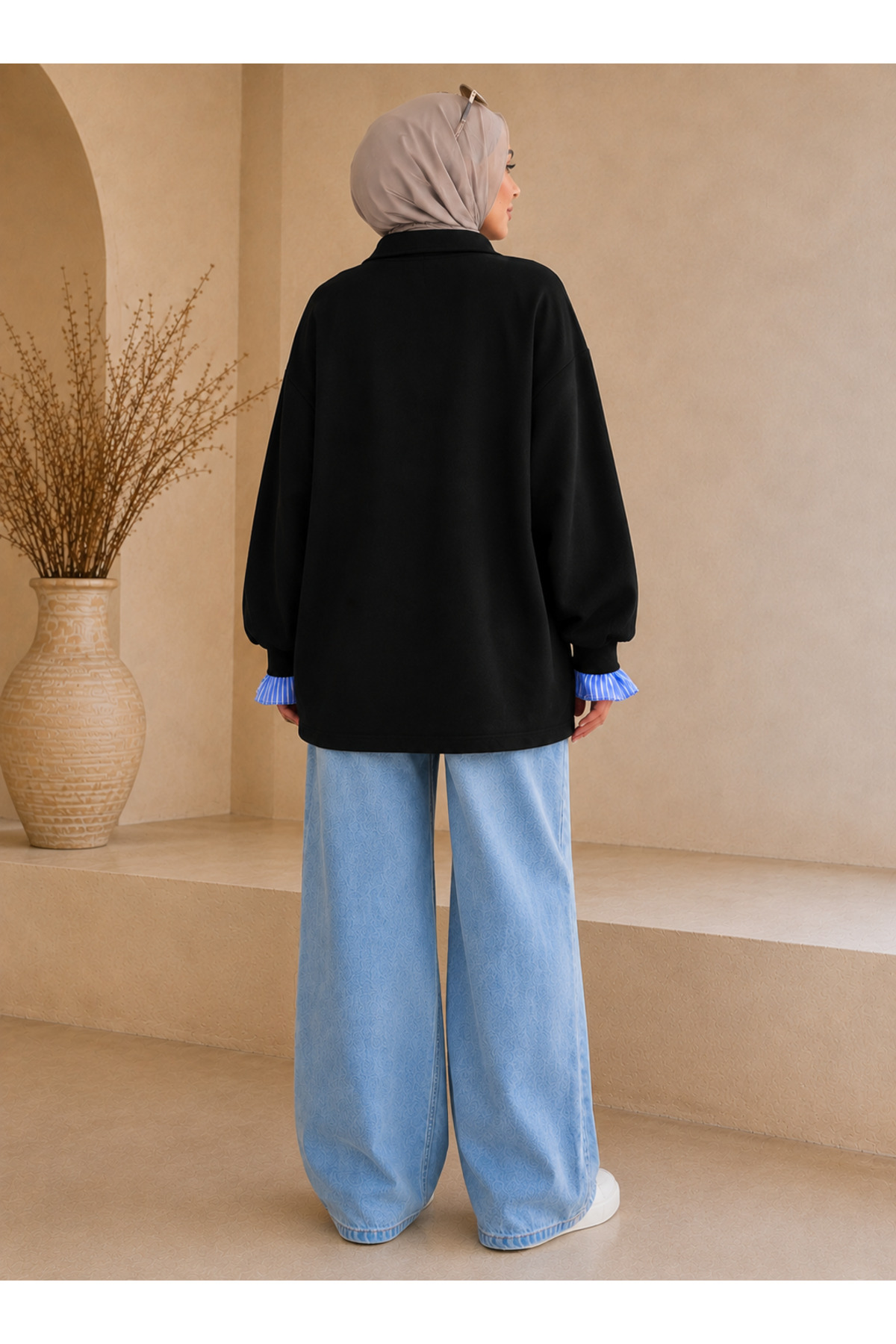 Afri Siyah Kadın Oversize Gömlek Yaka Sweatshirt, Çizgili Poplin Detaylı Rahat Kesim Uzun Kollu Sweat görsel 5