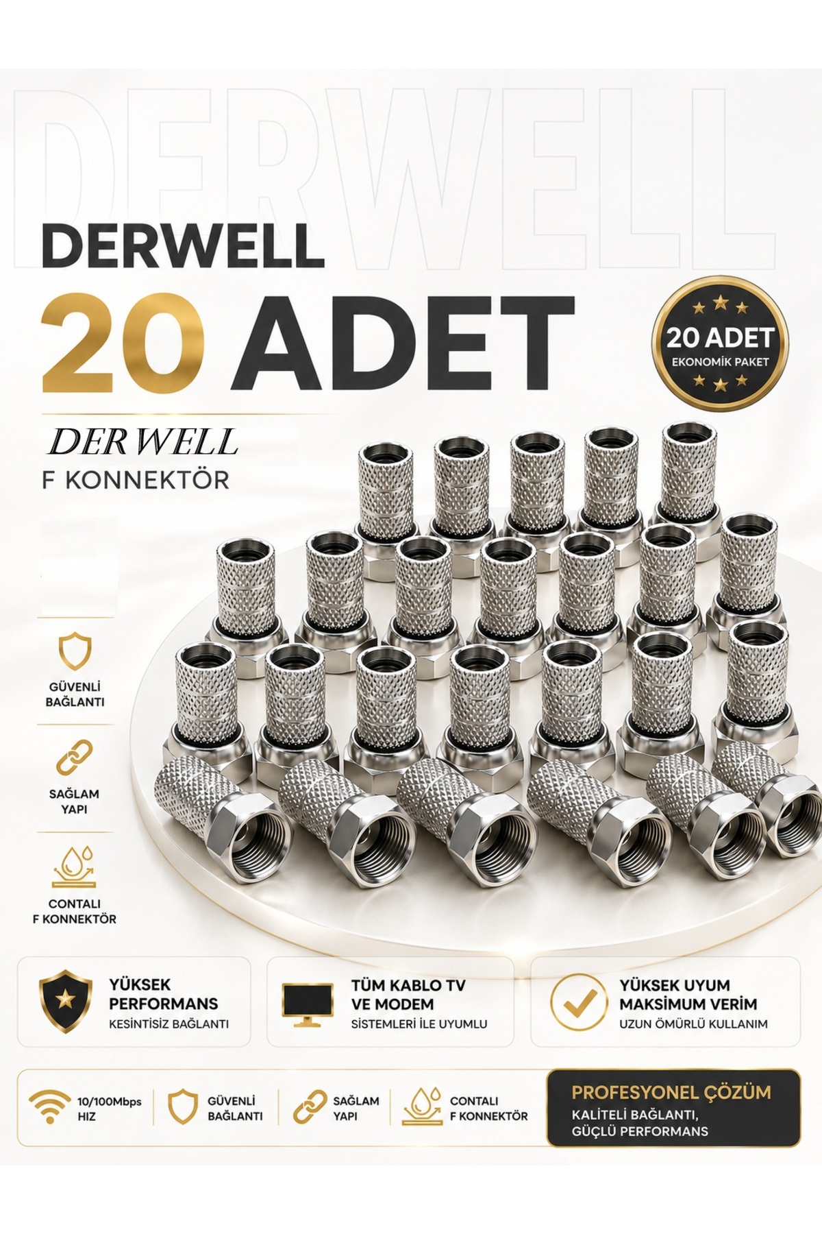 20 Adet Premium Vidalı RG6 F Konnektör - Siyah Contalı Yüksek Kaliteli Paslanmaz Uydu Anten Kablo Fişi Jak Aparatı - LNB, Çanak Anten ve Merkezi Sistem Uyumlu Kesintisiz HD Sinyal Koruyucu Başlık