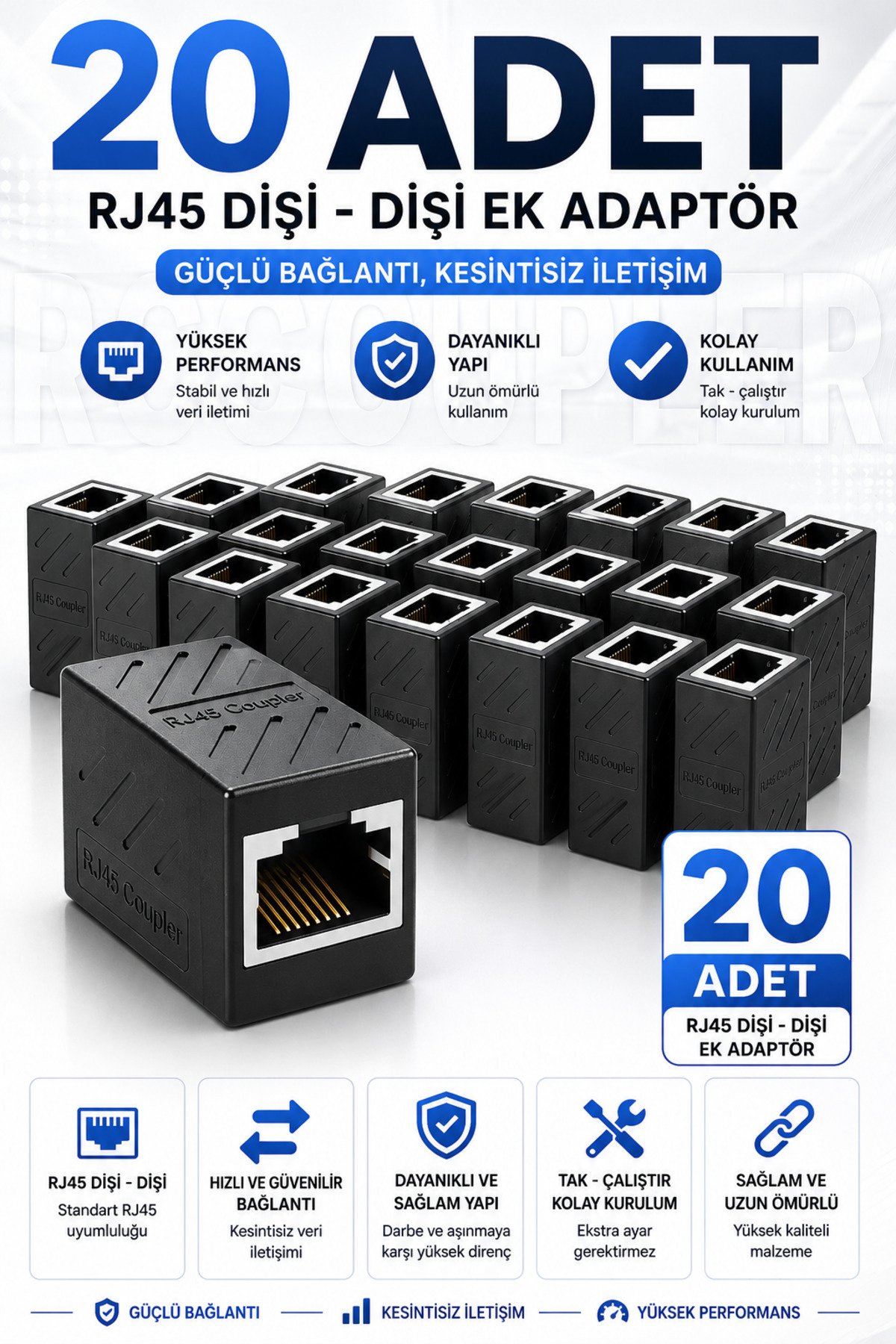 20 Adet RJ45 Dişi Dişi Ek Adaptör Çoğaltıcı Konnektör Cat5 Cat6 Cat7 UTP Keyston İnternet Ethernet Kablo Uzatma Birleştirici Tak Çalıştır Kısa Gelen Modem Lan Kablosu Bağlantı Aparatı Siyah Set