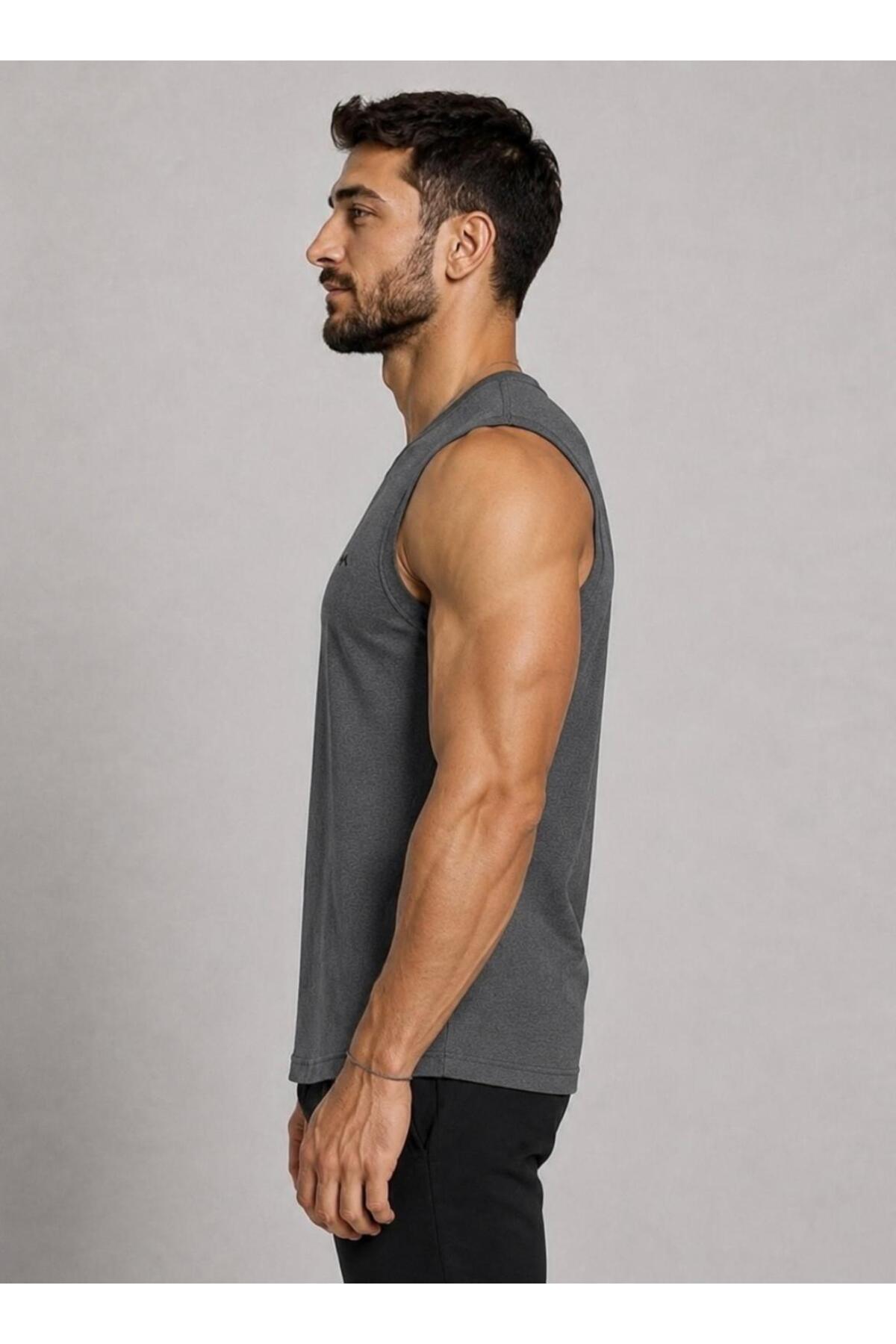 AXXEL Erkek Koyu Gri Melanj Bisiklet Yaka Kolsuz T-shirt-d690 görsel 2