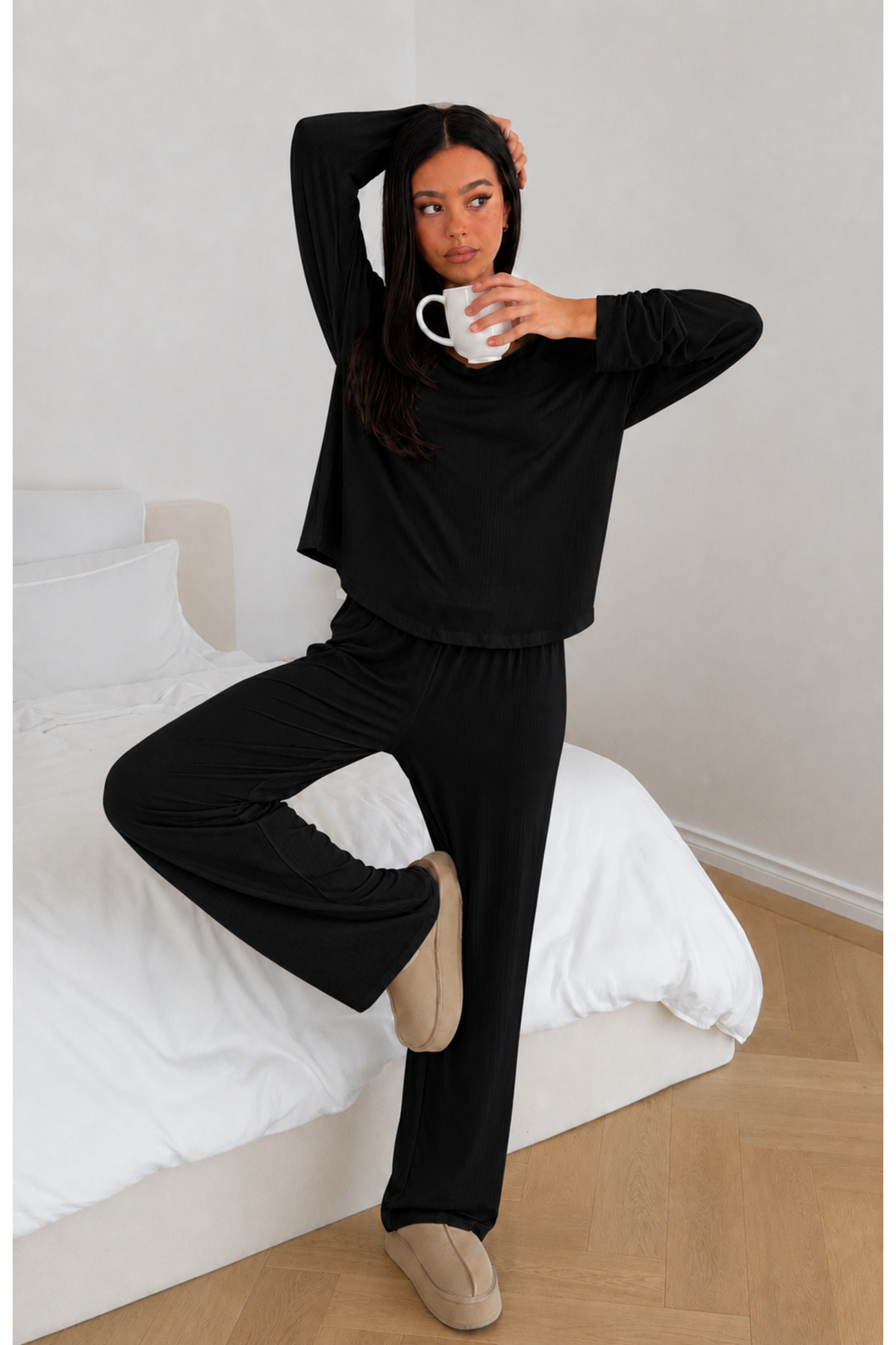 ÖZ PAMUK Kadın Uzun Kollu Raporlu Kumaş Şardonlu SOFT Pijama Takımı, Rahat Kesim Bisiklet Yaka Alt Üst Takım görsel 2