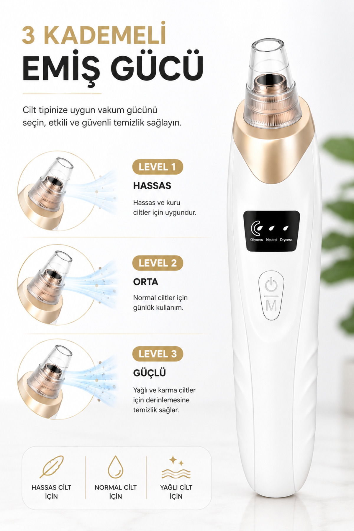 Auhma AHB01 Vakumlu Siyah Nokta Temizleme Cihazı – 3 Kademeli Emiş Gücü, 5 Farklı Başlık, USB Şarjlı Kablosuz Gözenek Temizleyici, Yağ ve Kir Temizleme, Yüz Cilt Bakım Cihazı — سفید ROBEVEAHB01 — تصویر 4 از 8