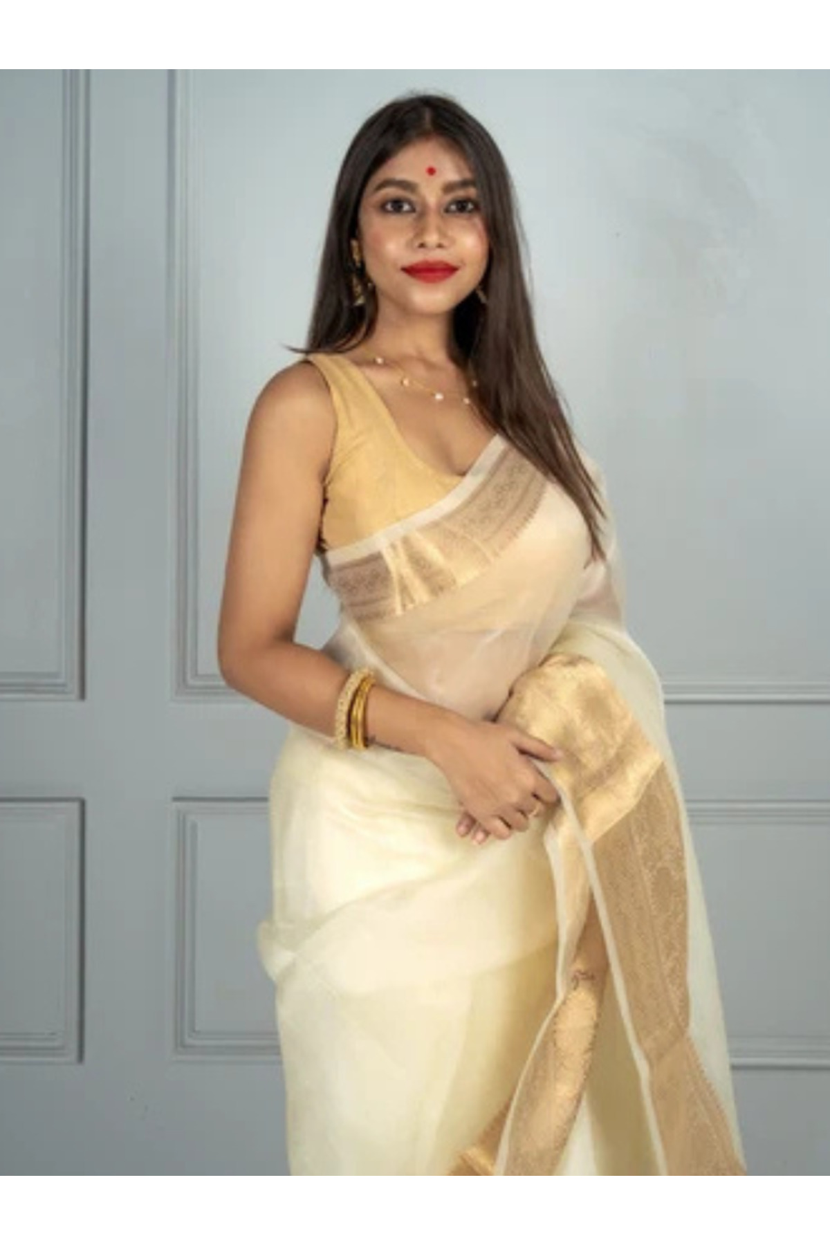 MYSMAR Off-White & Gold Kora Organza Jacquard Saree - FFT9641-Off-White-Size-0