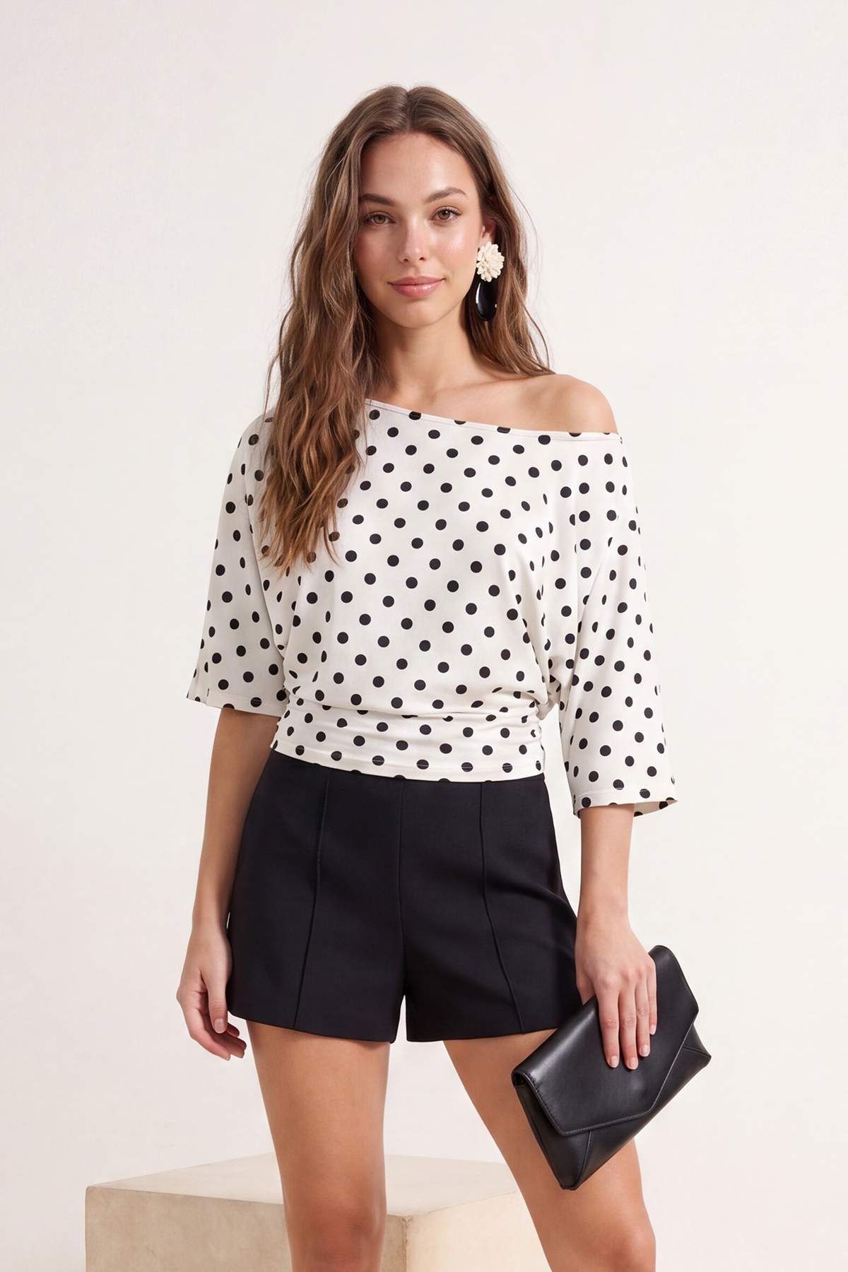 Trendyol Collection Ecru Polka Dot Regular Fit Boat Neck Soft Touch Knitted T...