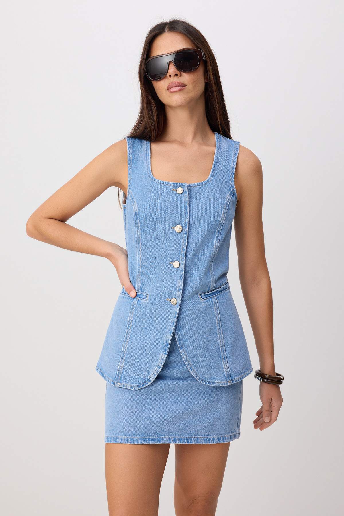 Trendyolmilla Mavi %100 Pamuk Yelek Etek Denim Alt - Üst Takım TWOSS26AU00192