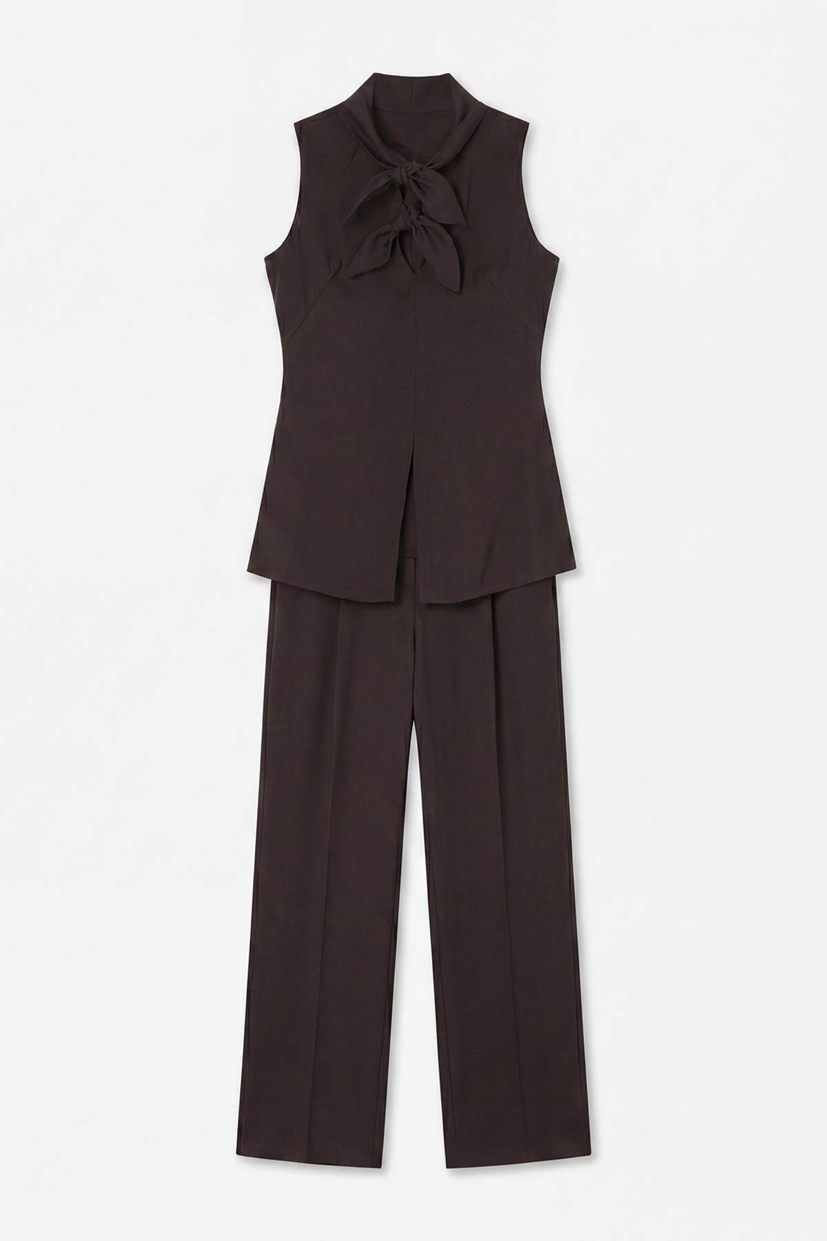 Drop by Trendyolmilla Kahverengi Yakası Fiyonklu Yırtmaçlı Fermuarlı Bluz Beli lastikli Piliseli Pantolon TDRSS26AU00060