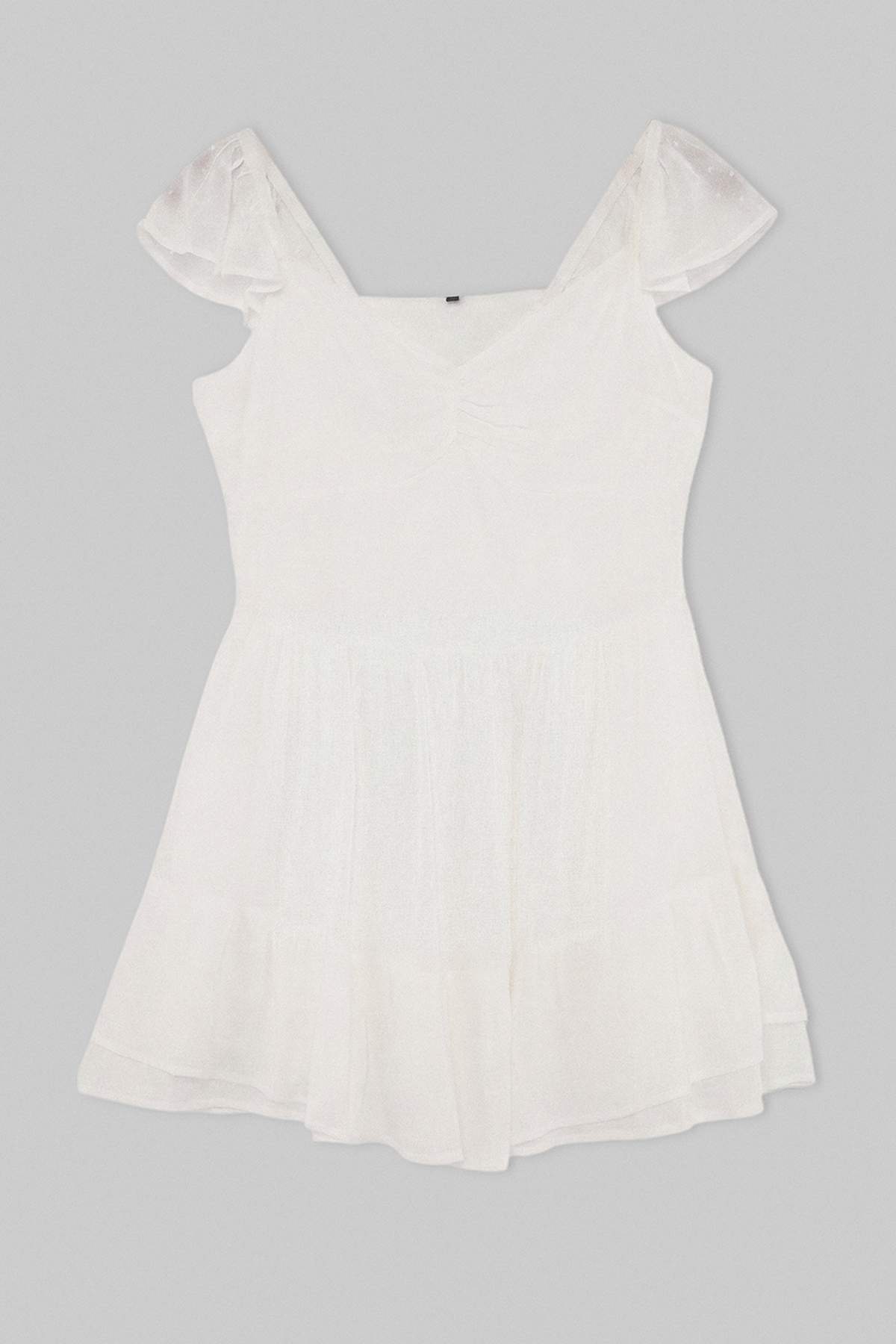 Trendyolmilla Teen Ekru Volanlı Şifon Astarlı Mini Dokuma Elbise TWOSS26EL00522