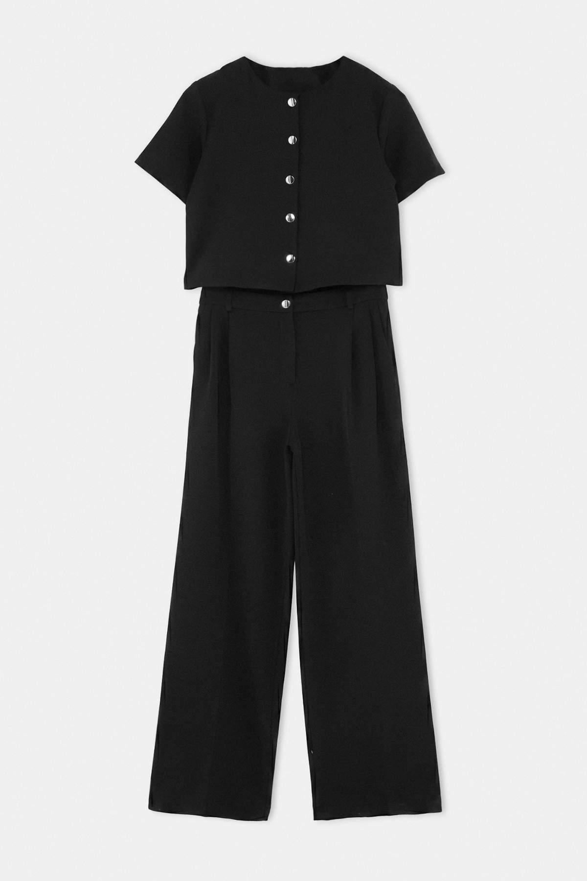 Trendyolmilla Siyah Kısa Kol Ceket Wide Leg Pantolon Dokuma Alt - Üst Takım TWOAW27AU00021