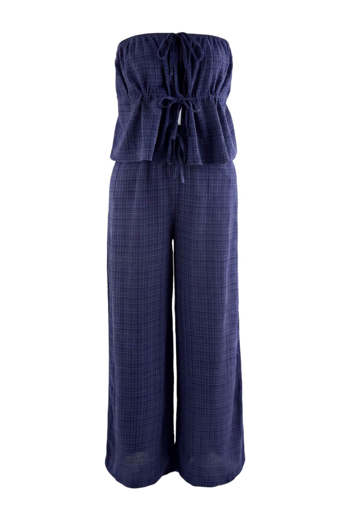 Trendyolmilla Lacivert Dokuma 100% Pamuk Plaj Bluz Pantolon Takım TBESS26AU00102
