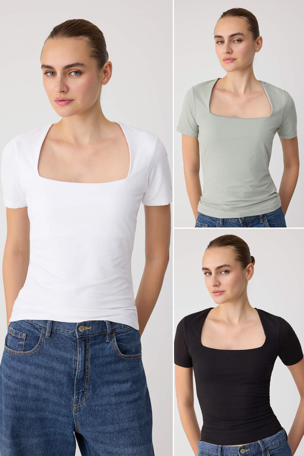 Trendyolmilla Siyah-Beyaz-Haki Düz Regular Kare Yaka Standart Kol Kısa Esnek Örme T-Shirt TWOSS26TS00348